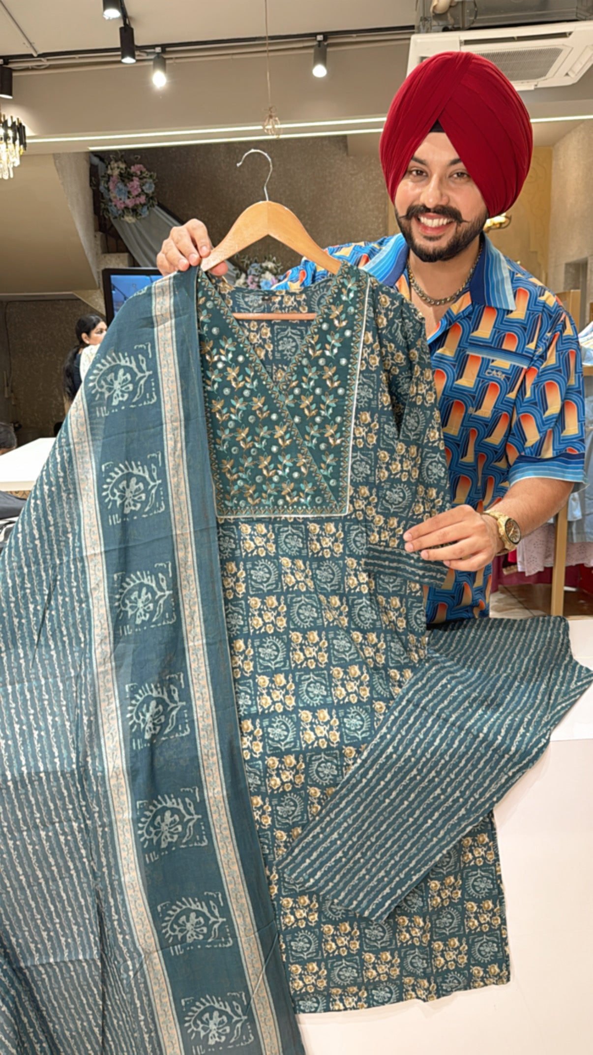 Peacock Green Pure cotton Office Wear Straight Suit with Beautiful Embroidery work on neck