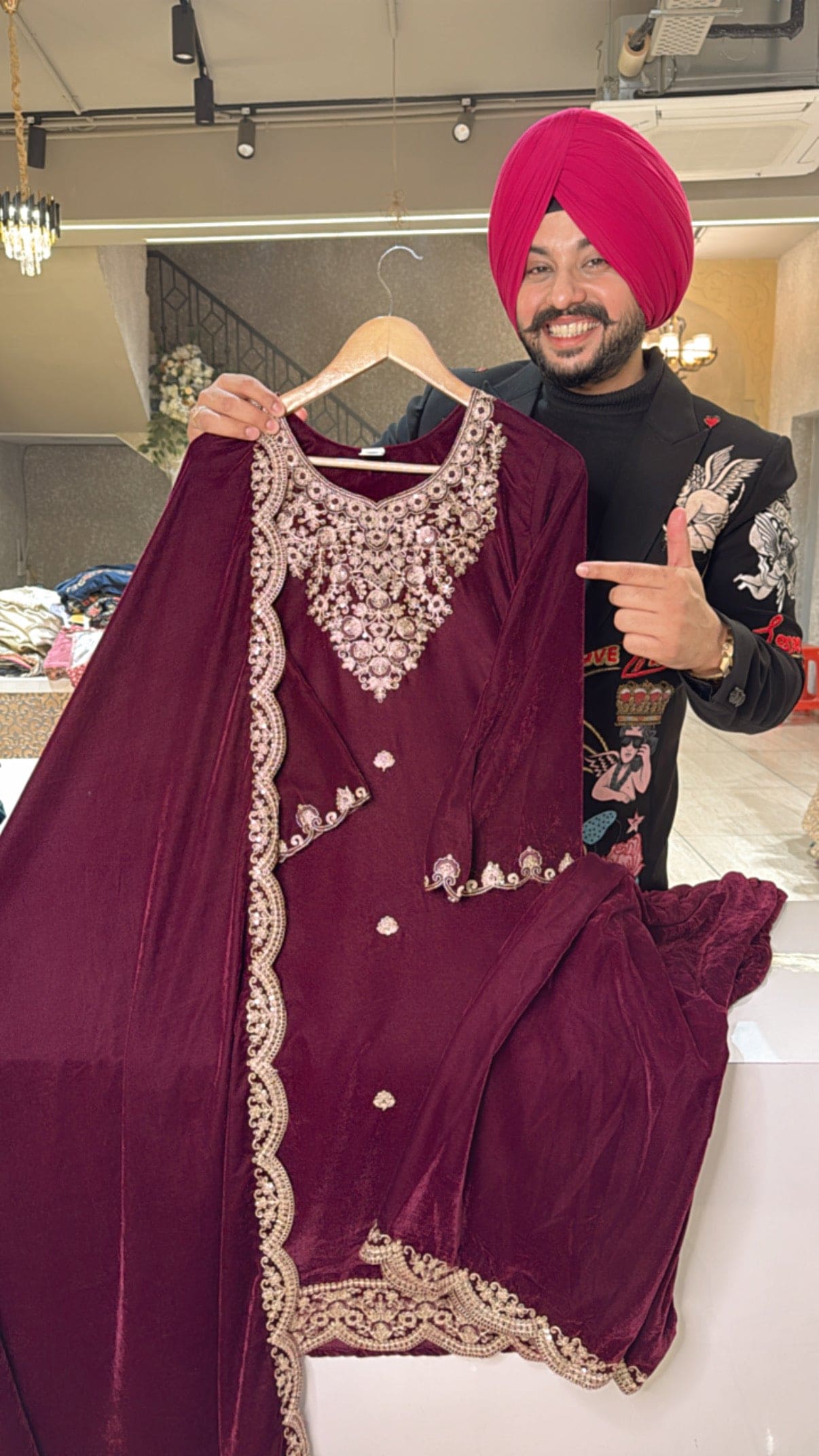 Winish maroon Premium Velvet Heavy embroidered Pakistani Plazo suit with Embroidered Duppata
