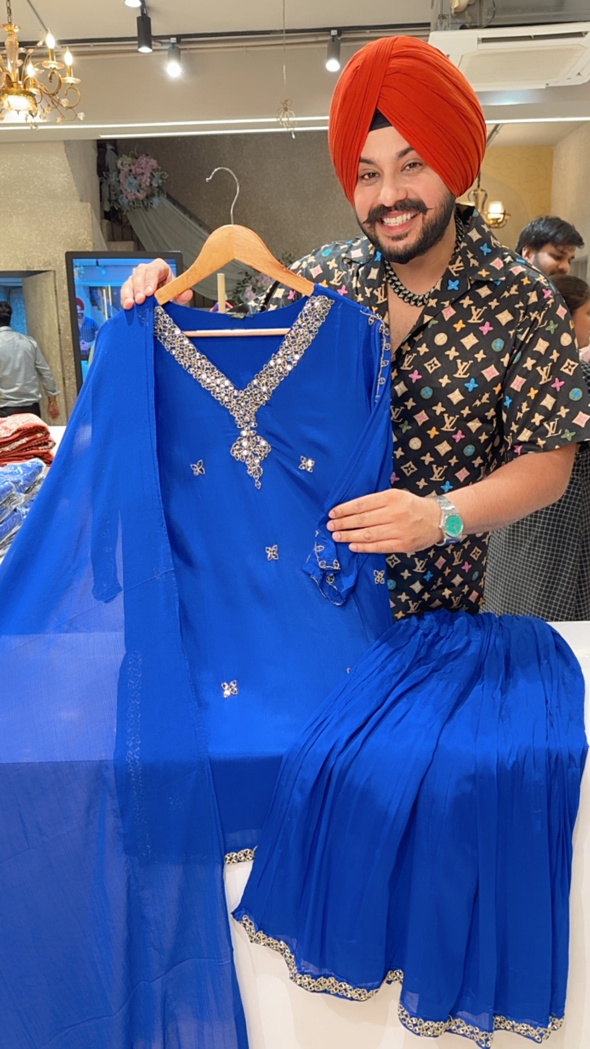 Royal Blue Chinon Hand Embroidered Party Wear Sharara Suit