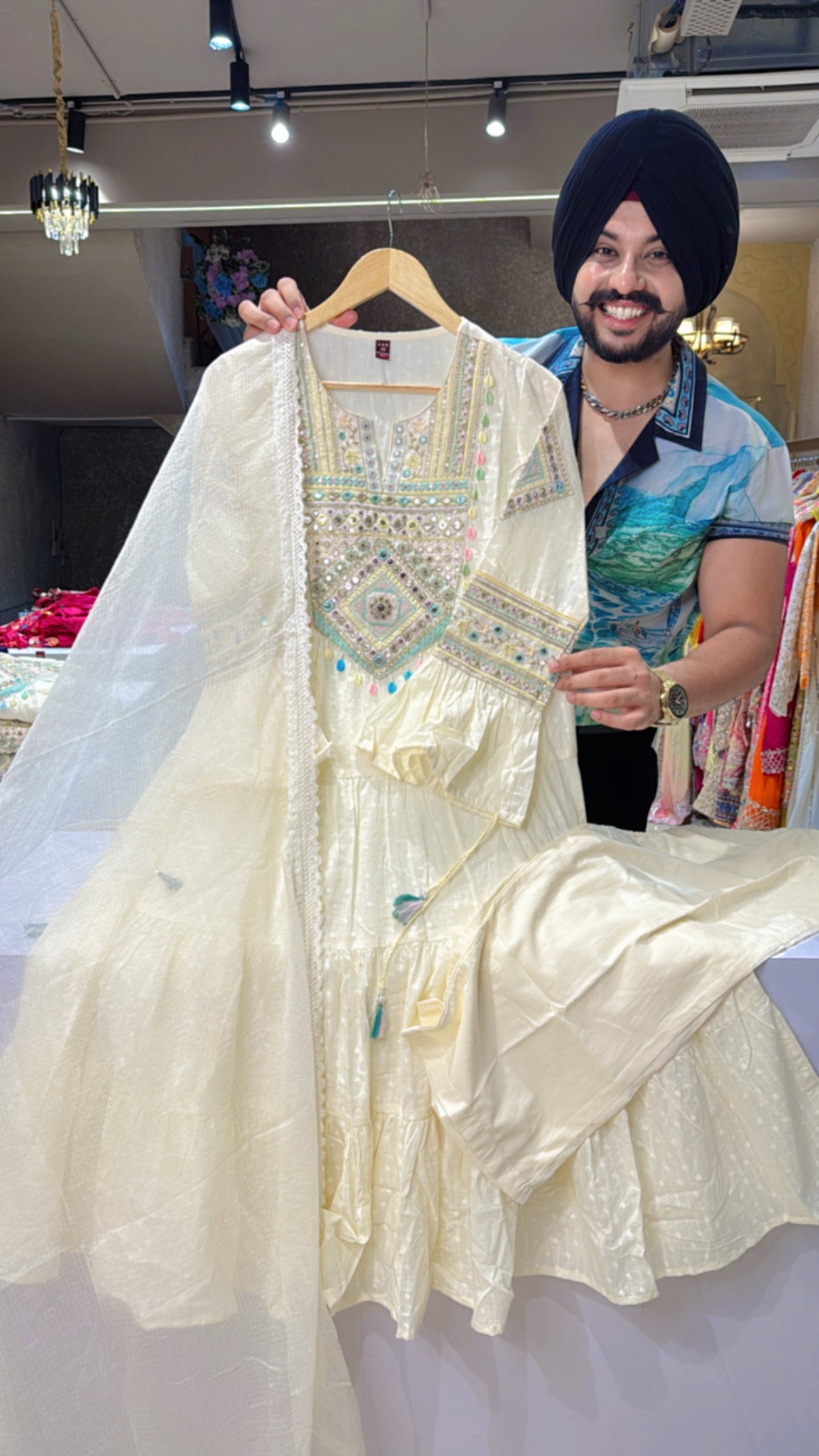 Off white Jaquard Cotton Indowestern Anarkali Suit with Beautiful embroidery Work on neck & Sleeves