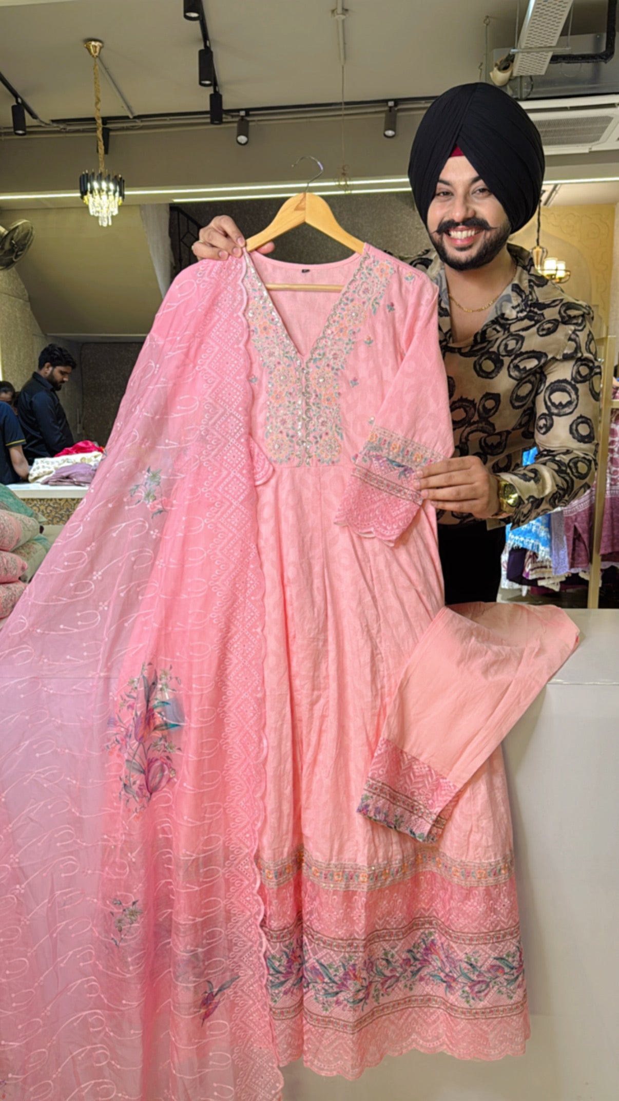Baby Pink jacquard Cotton Full Flair embroidered Anarkali suit With organza Duppata
