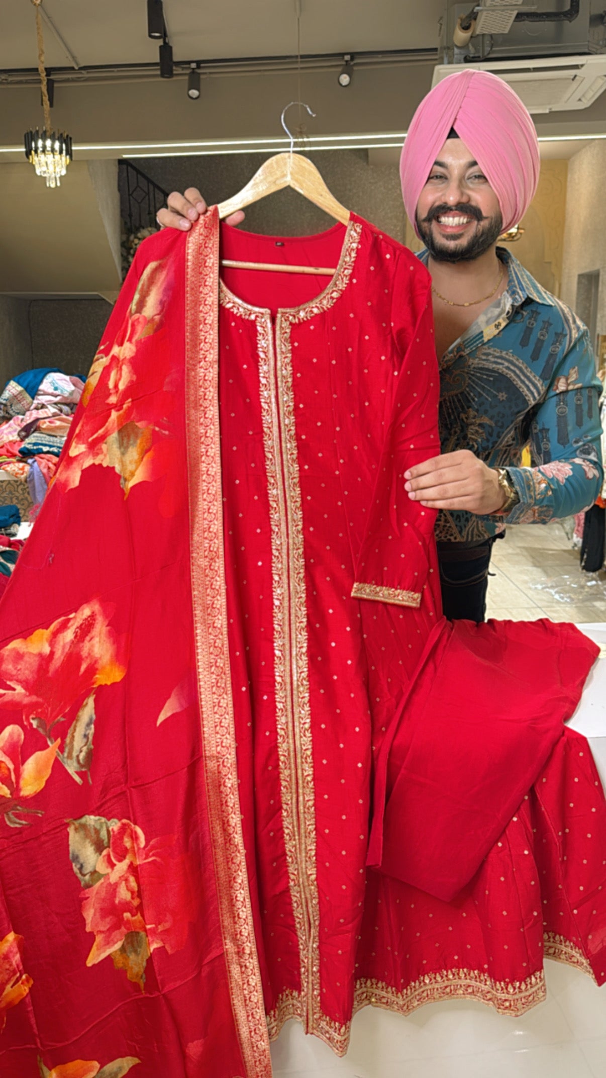Red Chinon Embroidered Front slit Anarkali Suit with Beautiful Digital Floral print Duppata
