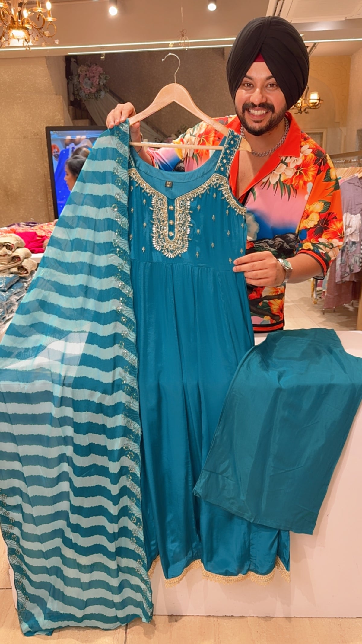 Firozi Crepe Cutsleeves Hand embroidered Party Wear Anarkali Suit with Sequins