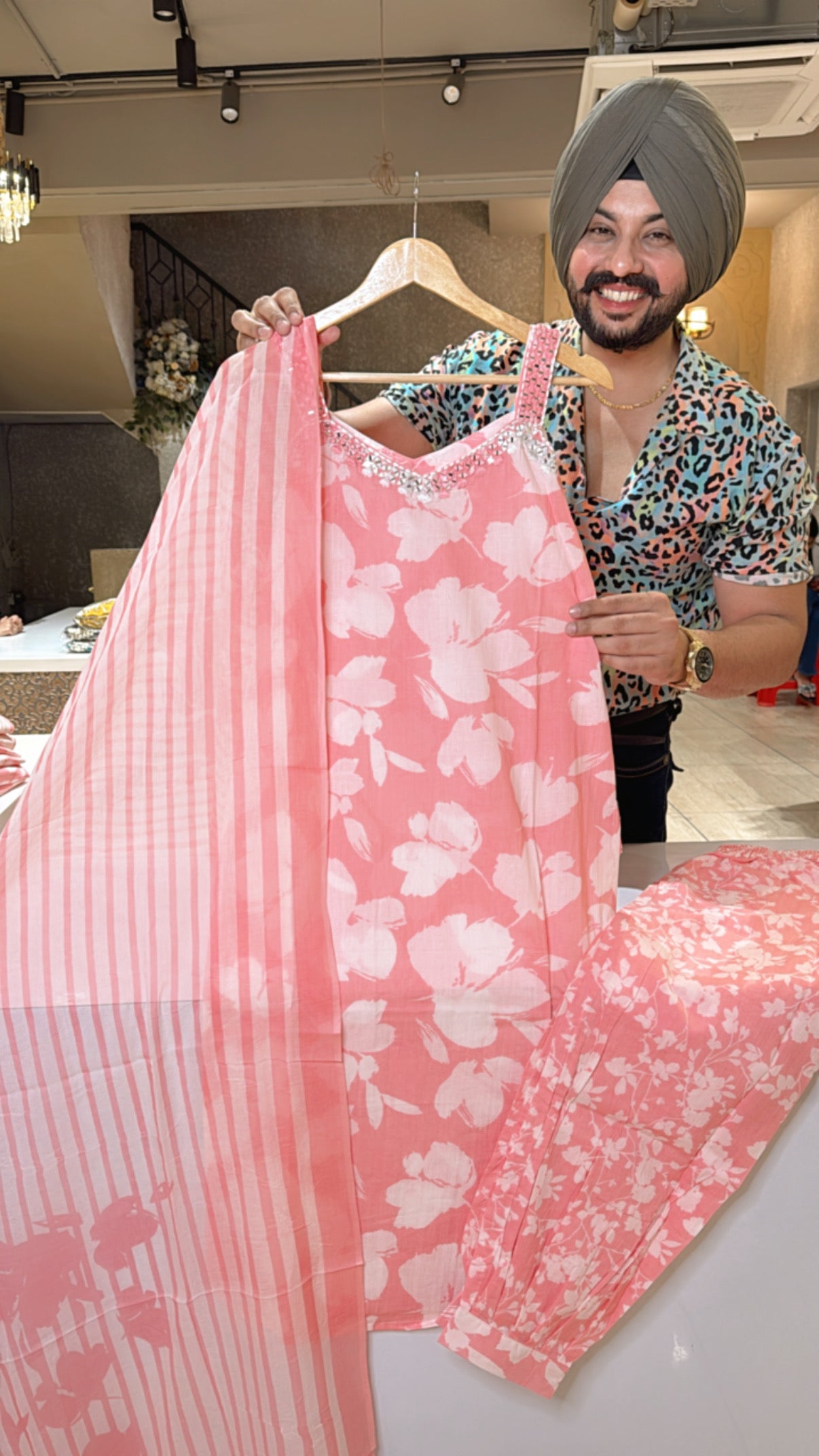 Light Pink Pure Cotton Strap Sleeves Pathani Suit with Mirror Work on neck
