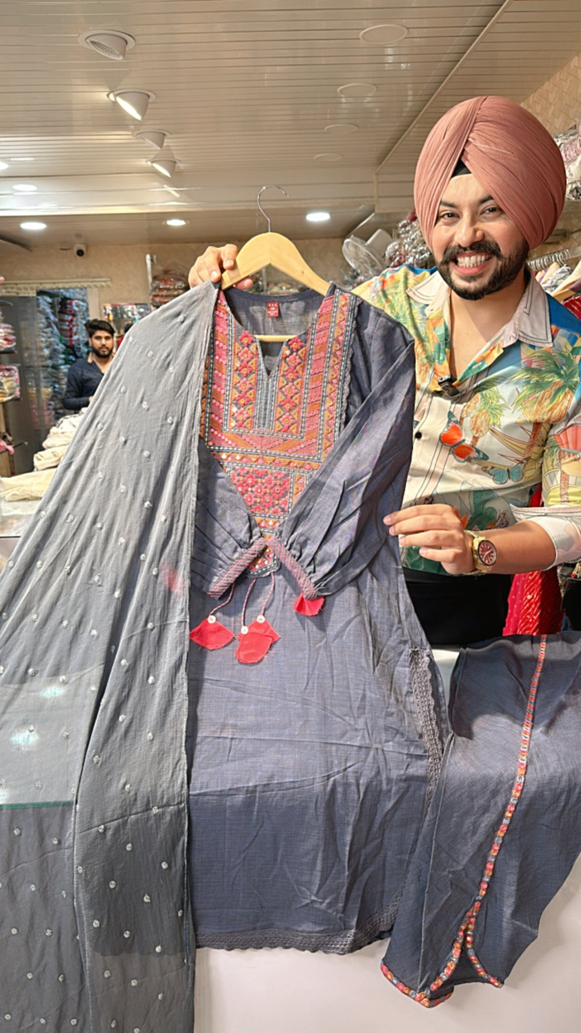 Greyish Blue pure Cotton Apple cut Suit with Tulip pants