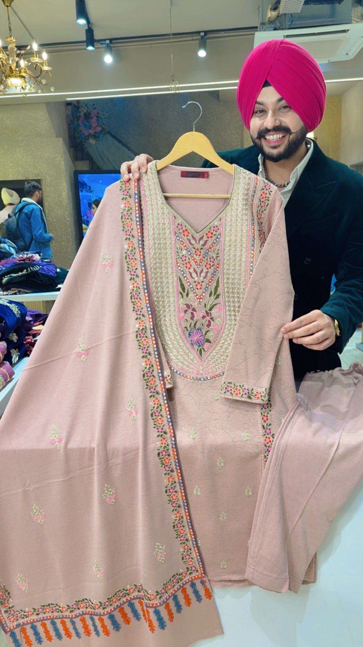 Nude Pink Woolen Heavy embroidered Party wear Straight Suit with Beautiful Embroidered Duppata