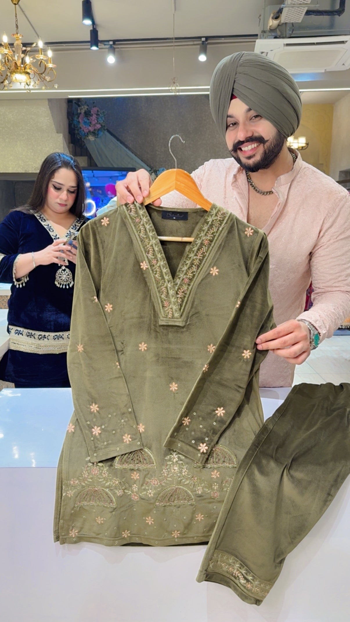 Dark Olive Strechable Velvet Jeavy Embroidered Party Wear Coord set