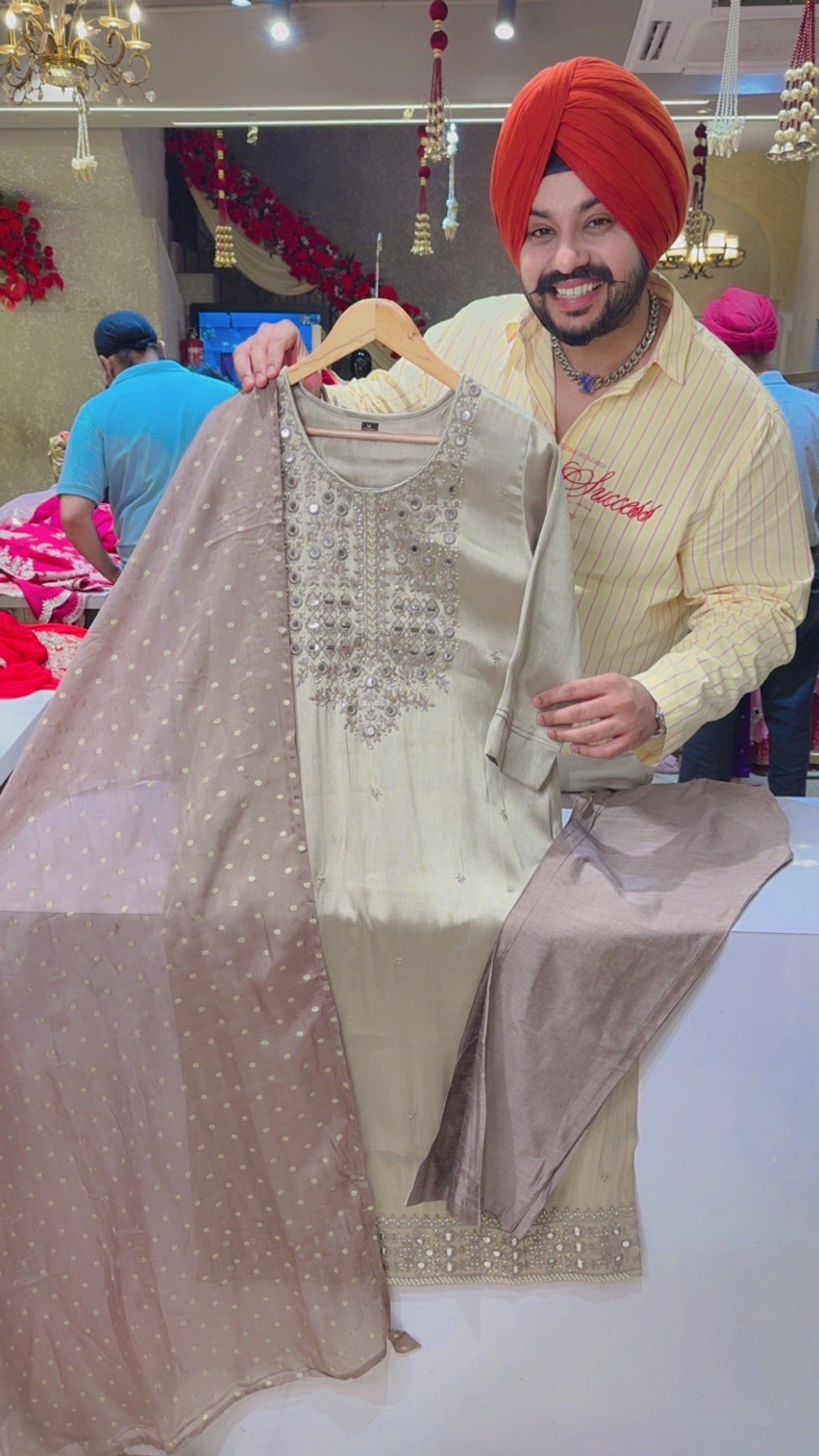 English Nude Colour Giraaff Silk Hand Embroidered Party Wear Royal Suit