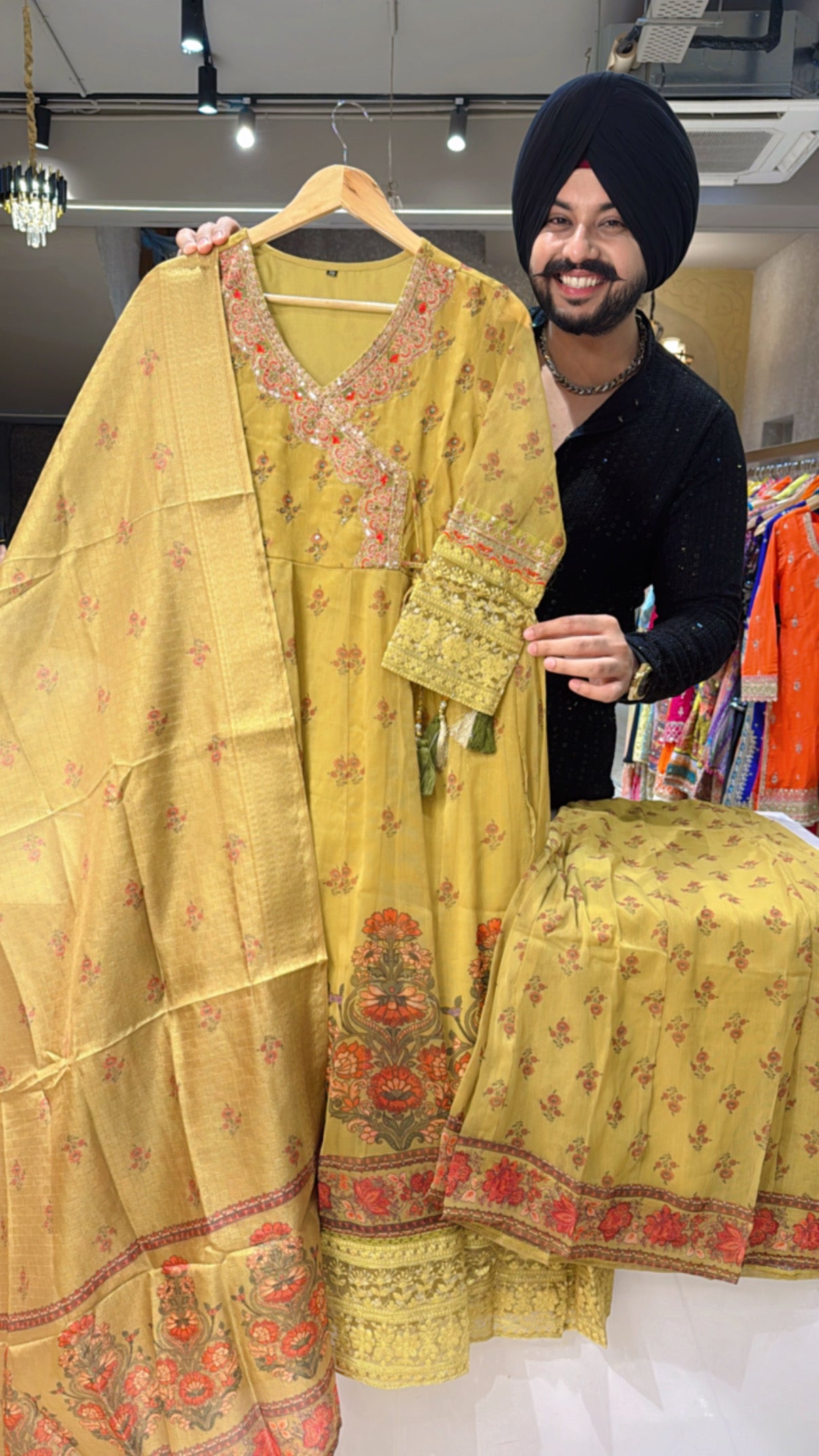 Light Mehendi Shimmer Tissue Angrakha Anarkali Sharara suit with beautiful Duppata