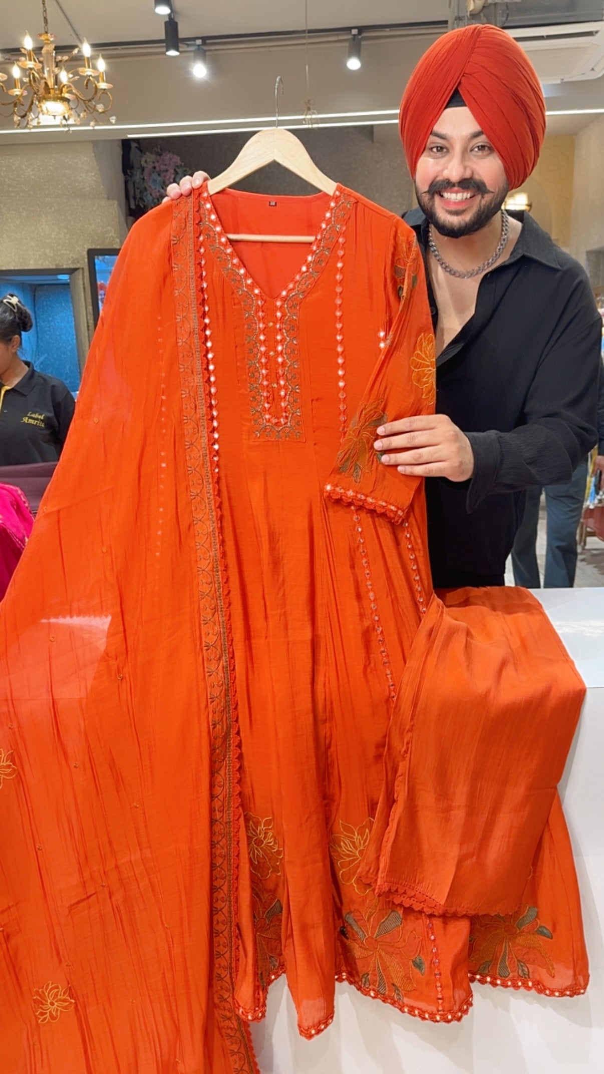 Orange Premium Mal Chanderi Beautiful Embroidered Party wear Anarkali suit