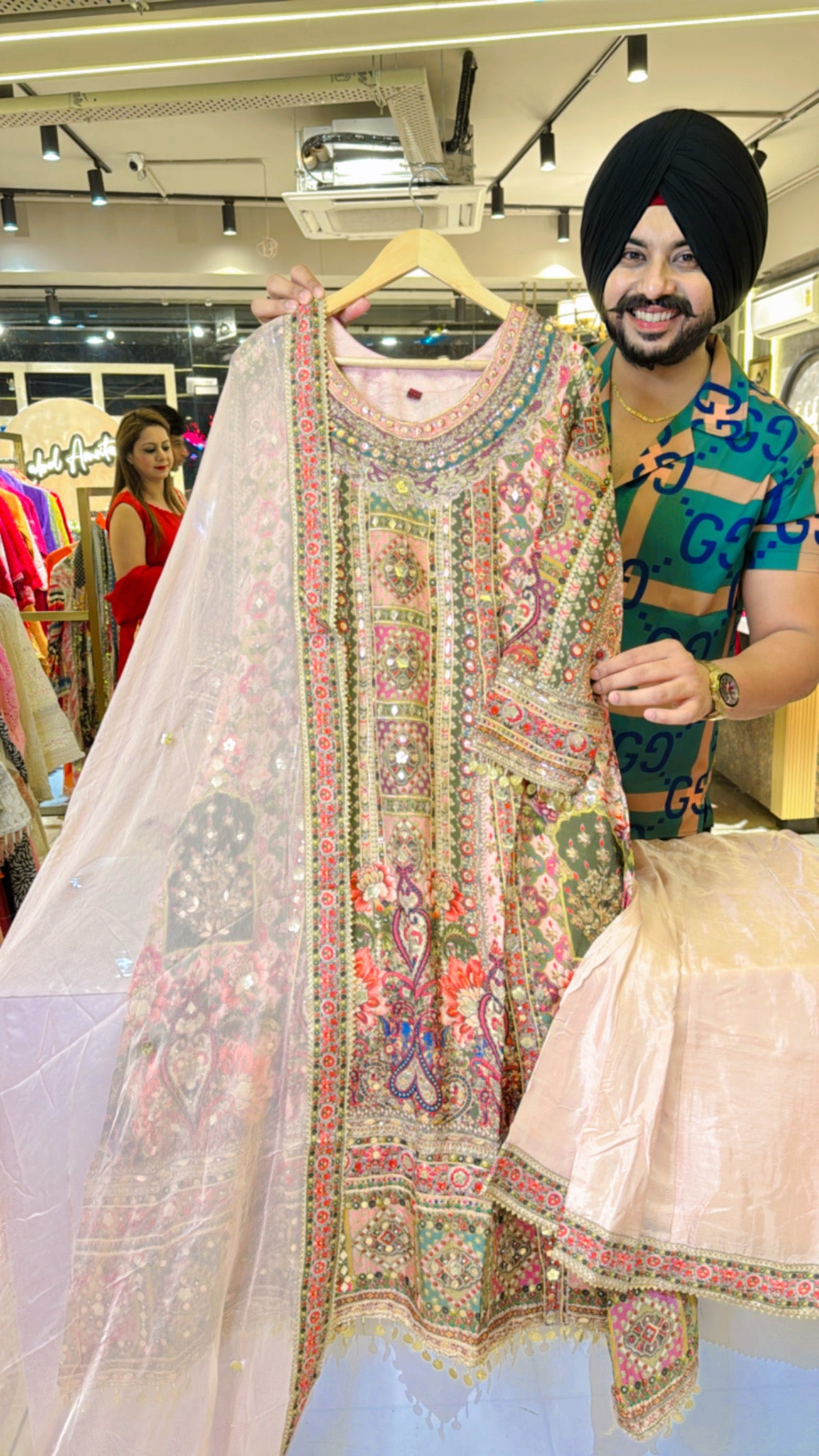 Nude pink Crepe Fully embroidered Pakistani A-line Suits with Stylish Azaaro