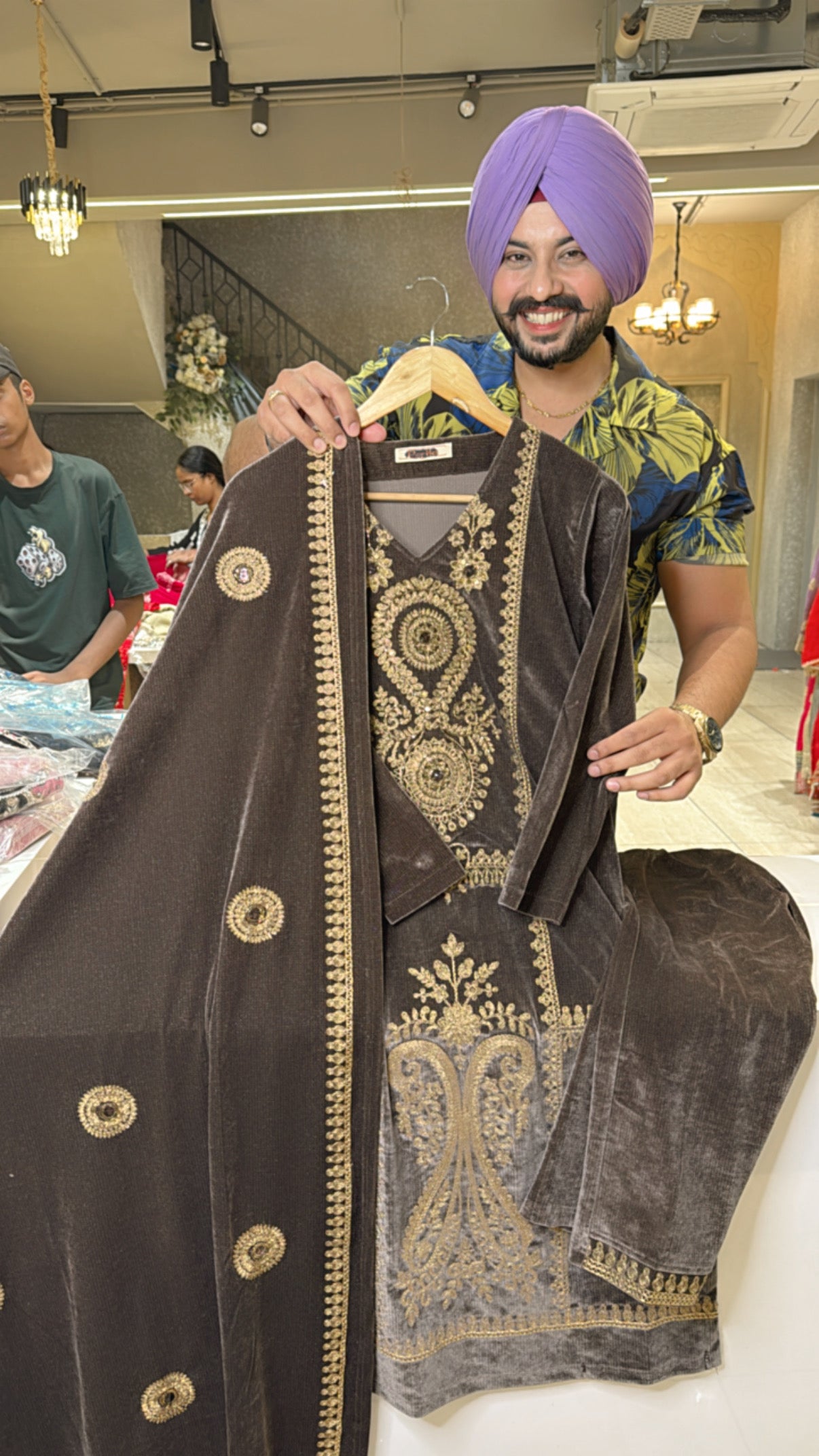 Chocolate brown cotrise Velvet Strechable Straight Heavy embroidered Suit