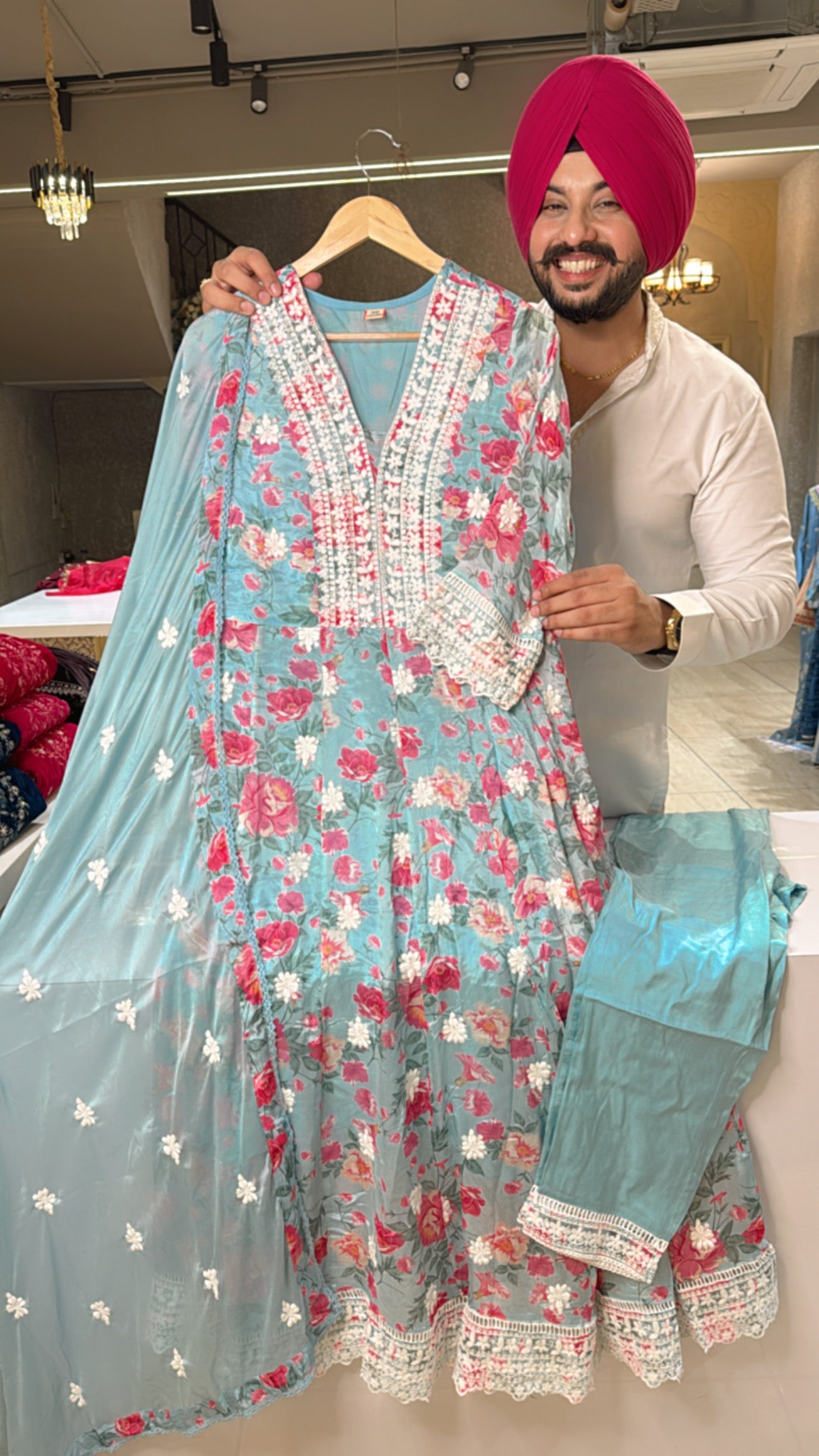 Light blue & Multicolored Chinon Fully Embroidered Anarkali Suit