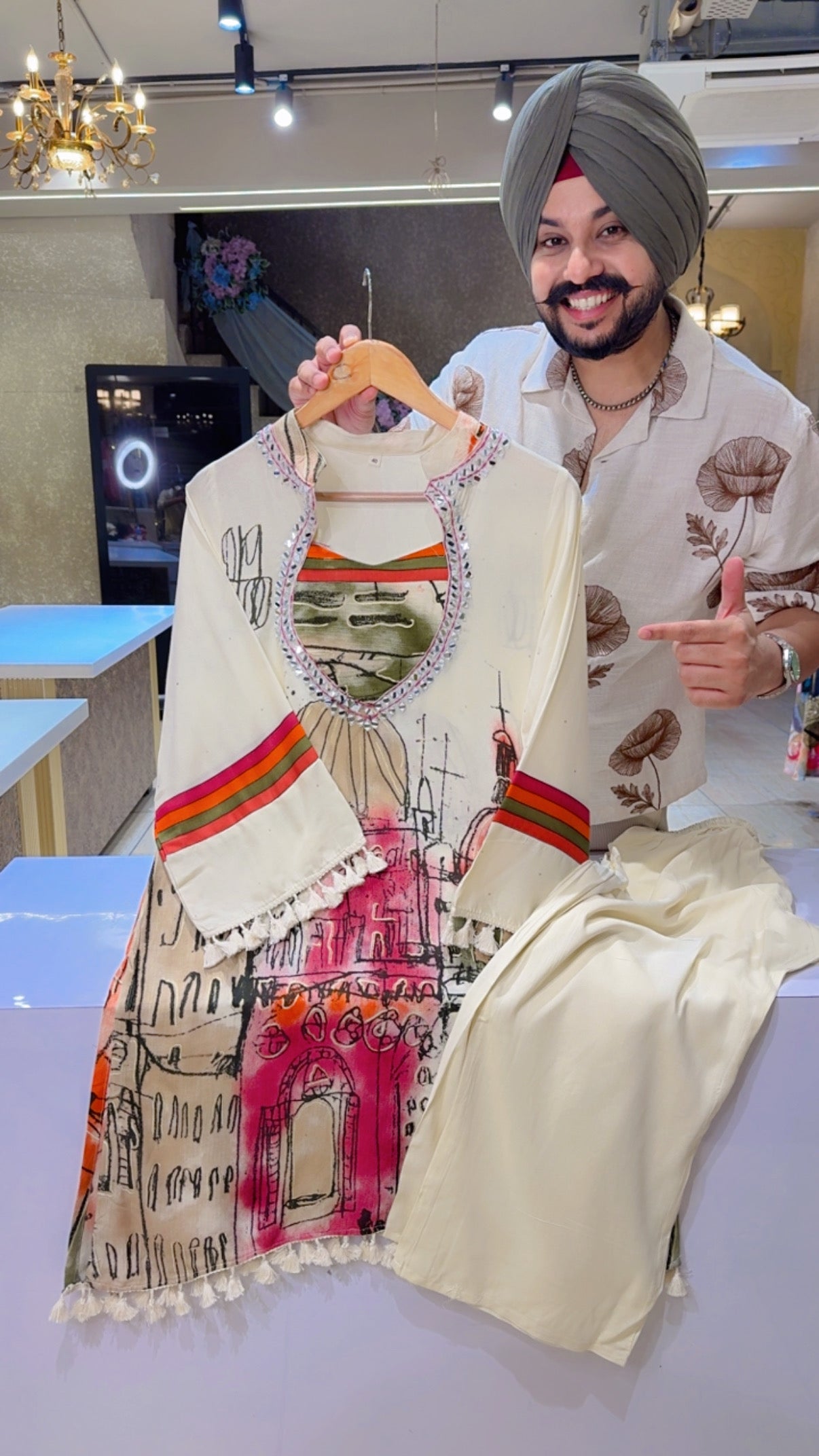 Off White Soft Rayon Digital Print Airport Look Coord set with Mirror Work on Designer Neck