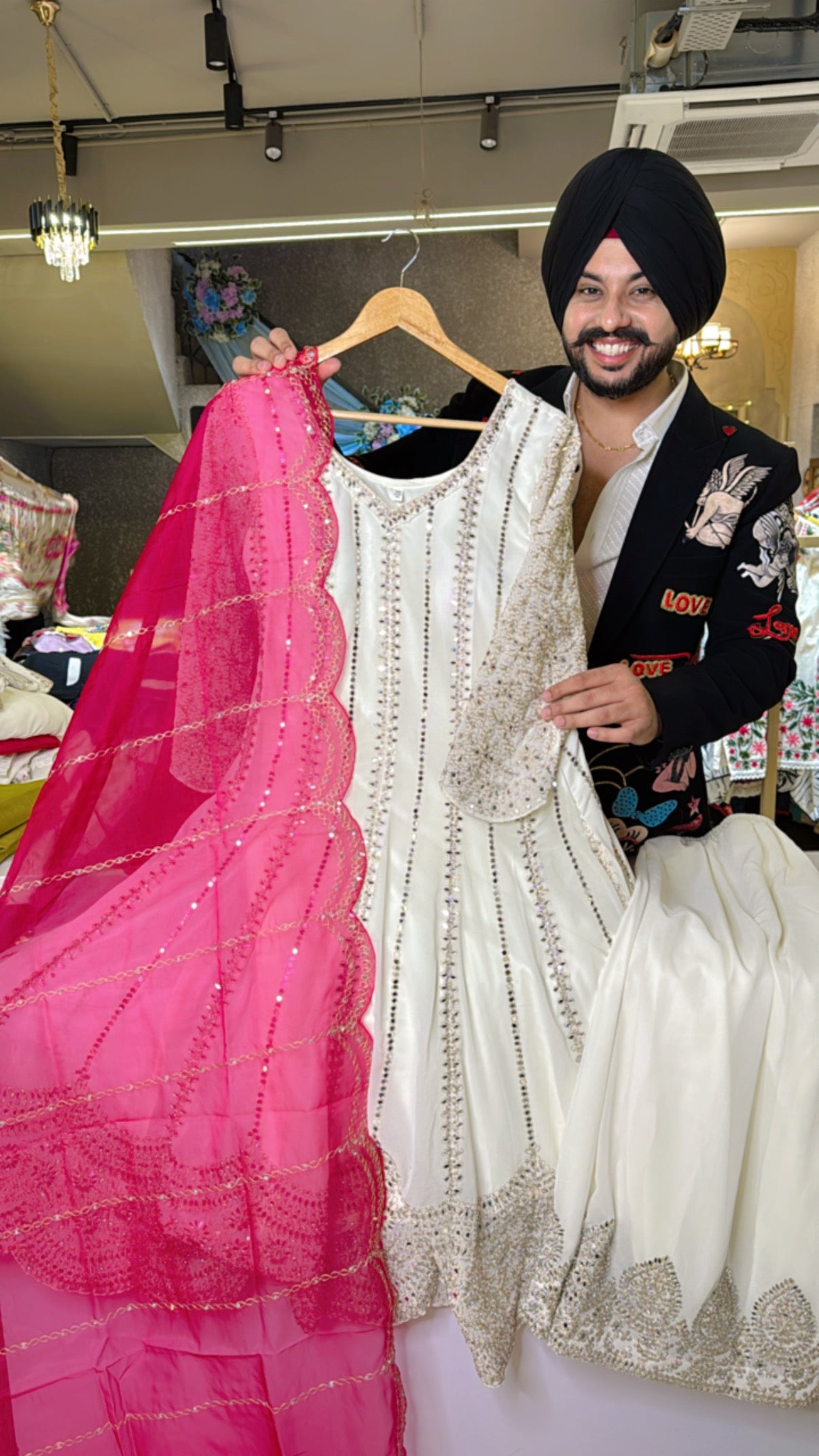 MoonWhite Heavy Embroidered & Mirror Pasting Anarkali Plazo Suit With Rani pink Organza Embroidered Duppata