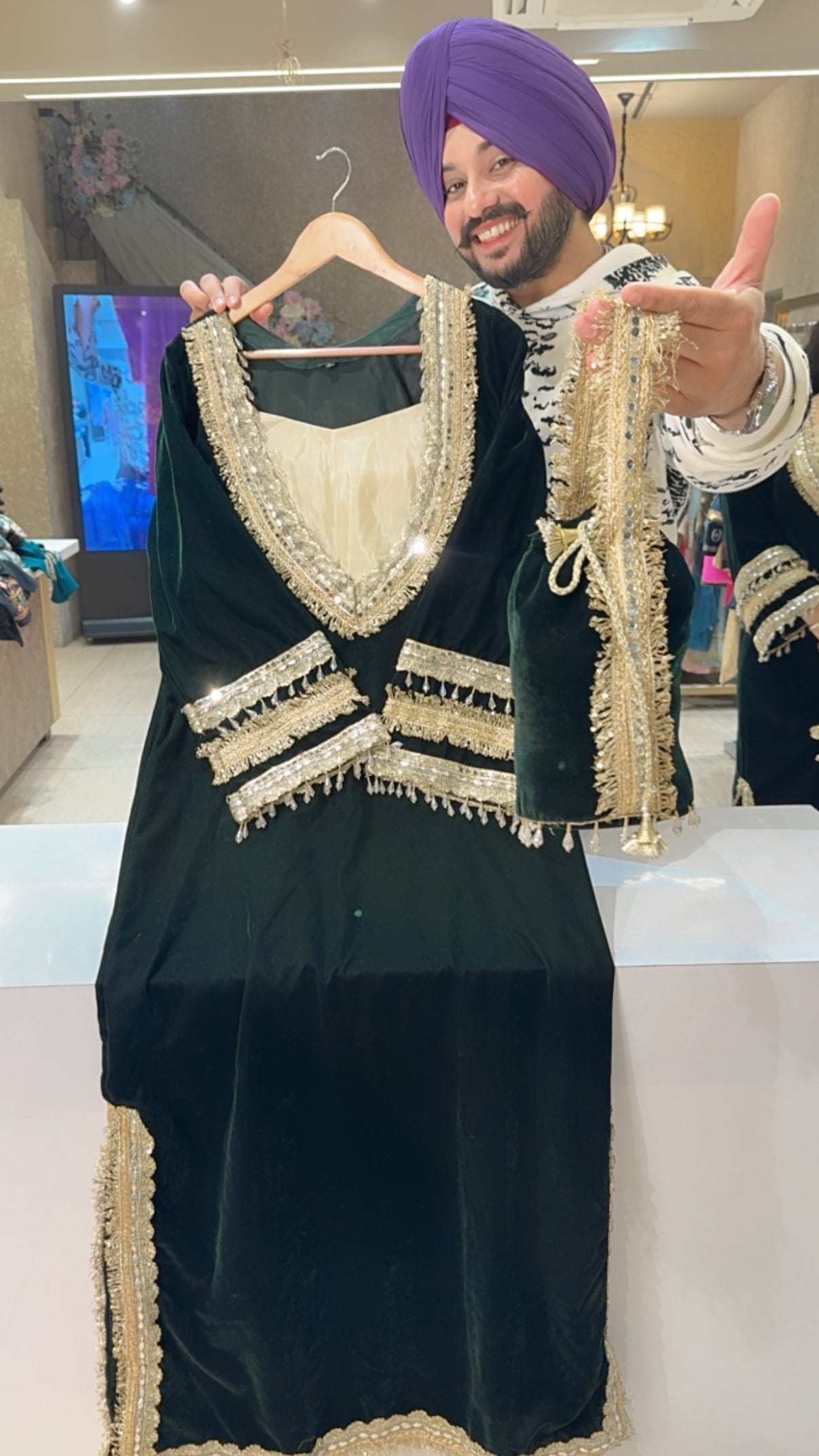 Dark Green Heavy Embroidered & Gotta Work Velvet Long Length Side Slit Straight Gown with Cute Potli & Stylish Bustier