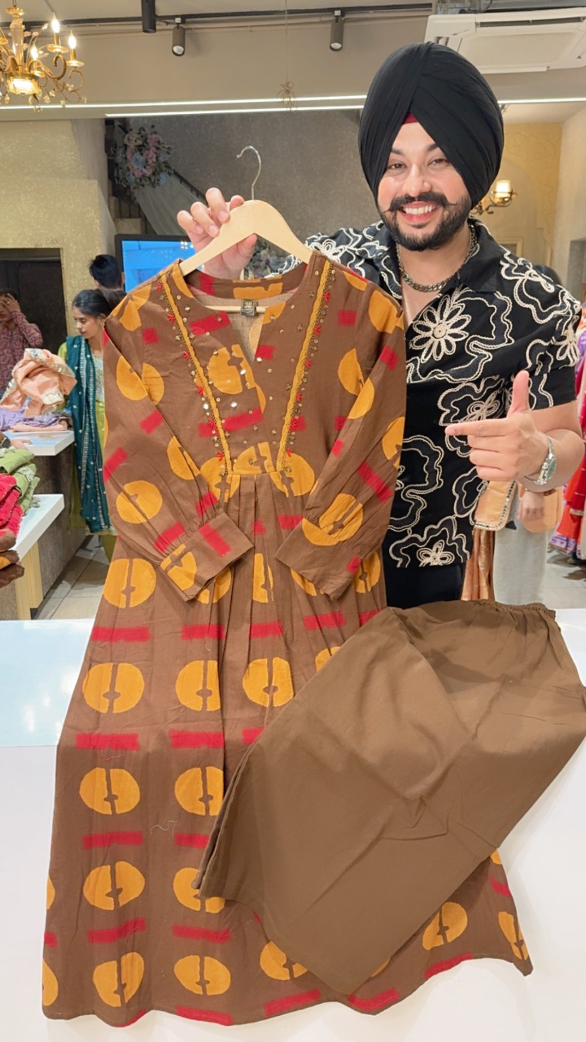 Brown Colour Soft Khaadi A-line Long Length Coord Set with Hand embroidery Work on neck