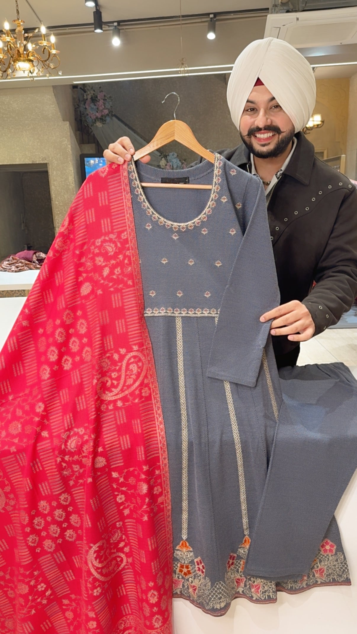 Blueish Grey Embroidered Woolen Anarkali Suit with Beautiful Pink Banarsi Duppata