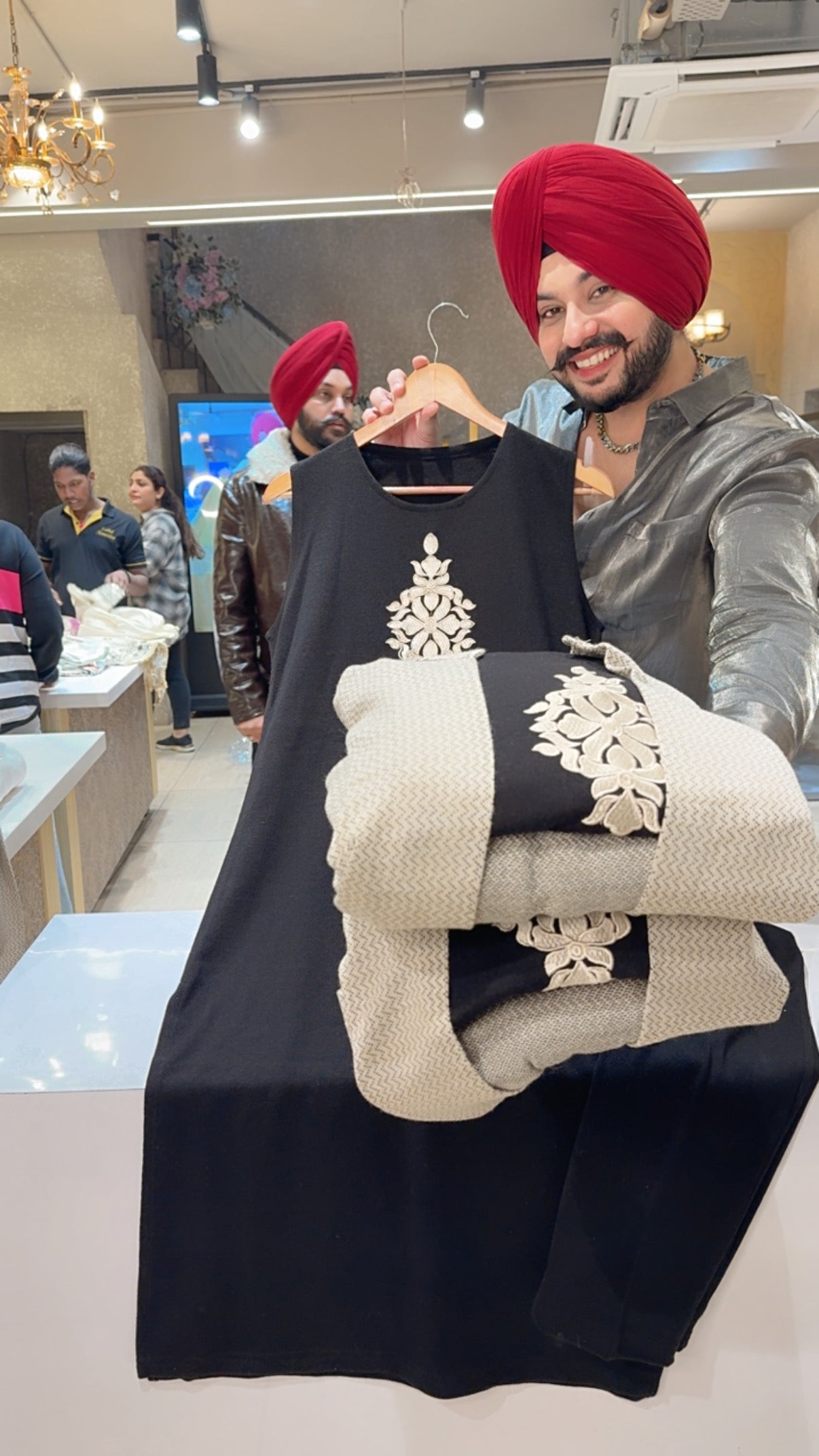 English Beige & Black Soft Woolen Embroidered Long Length Coord set with Stylish woolen Shrug