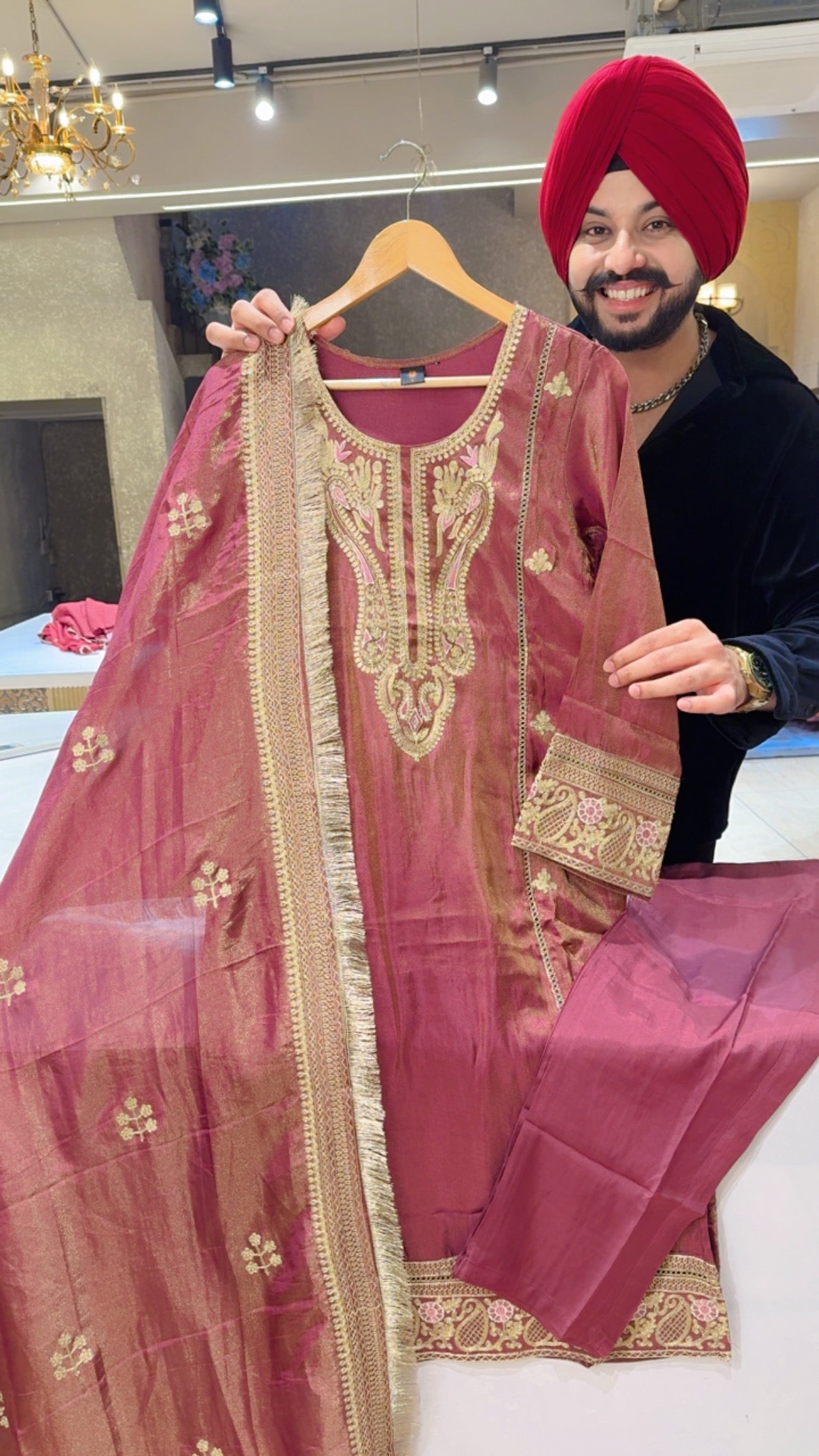 Dark Onion Shimmer Silk Heavy embroidered Straight Suit with Heavy kiran Lace & Embroidered Duppata