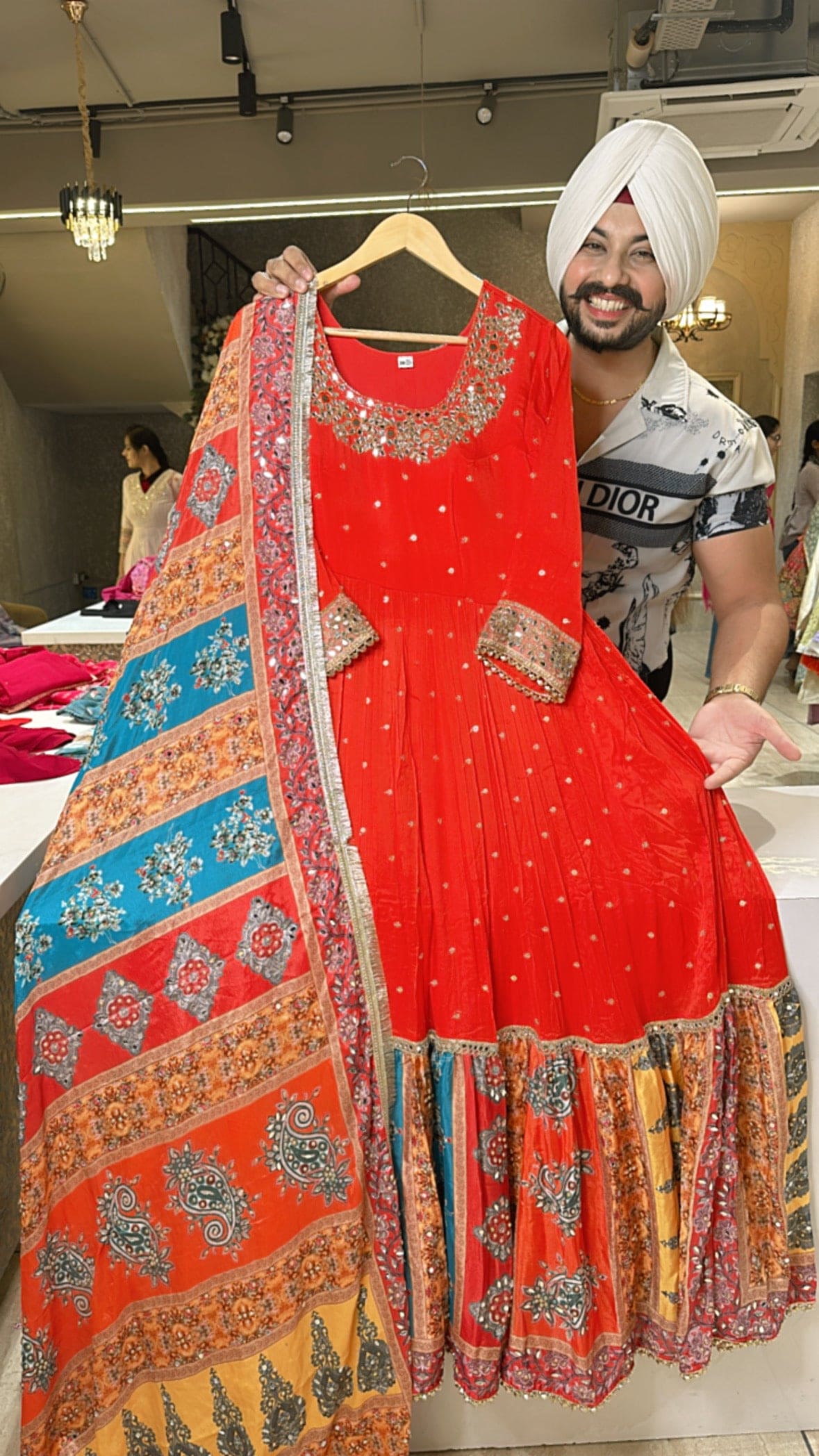 vibrant Orange Heavy Handwork Georgette Anarkali Gown with Beautiful Handwork Duppata