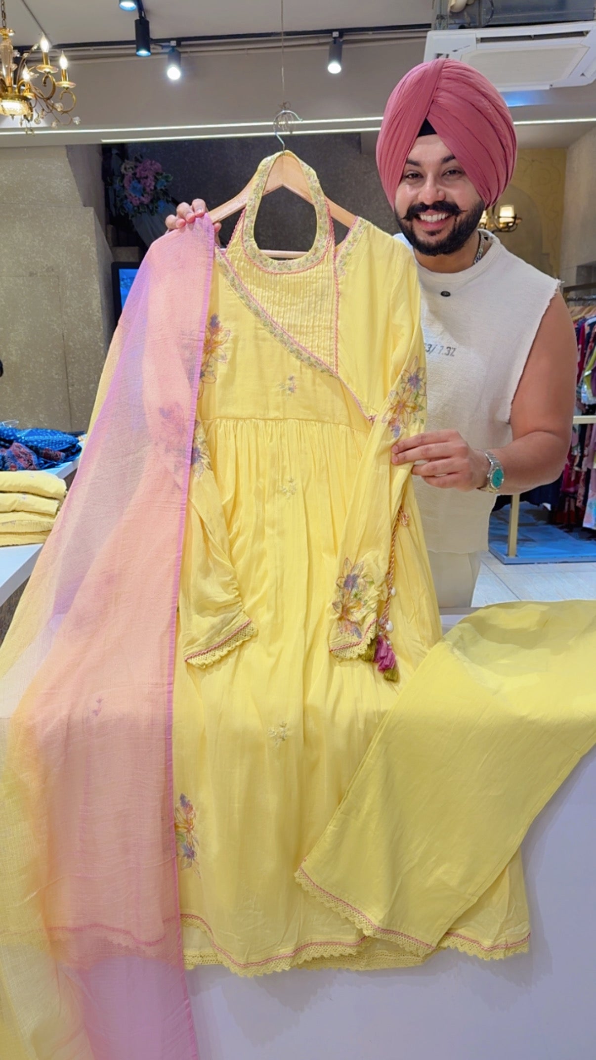 Lemon Yellow Mal Cotton Designer Halter Neck Angrakha Embroidered Anarkali Suit with Tie & Dye Kota Doria Duppata