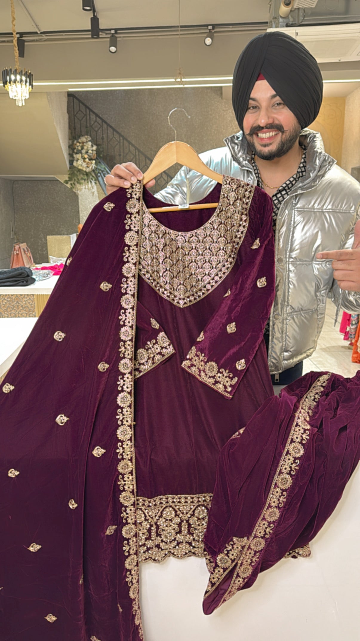 Wine Velvet Heavy embroidered Indowestern Dhoti Suit with Beautiful Duppata