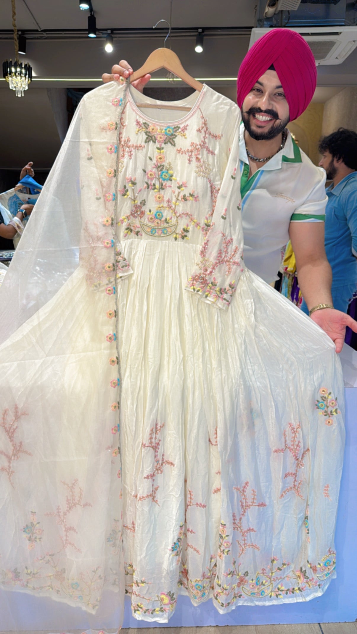 Off White pure Chinon Heavy hand Embroidered Royal Anarkali Suit with Beautiful organza Duppata