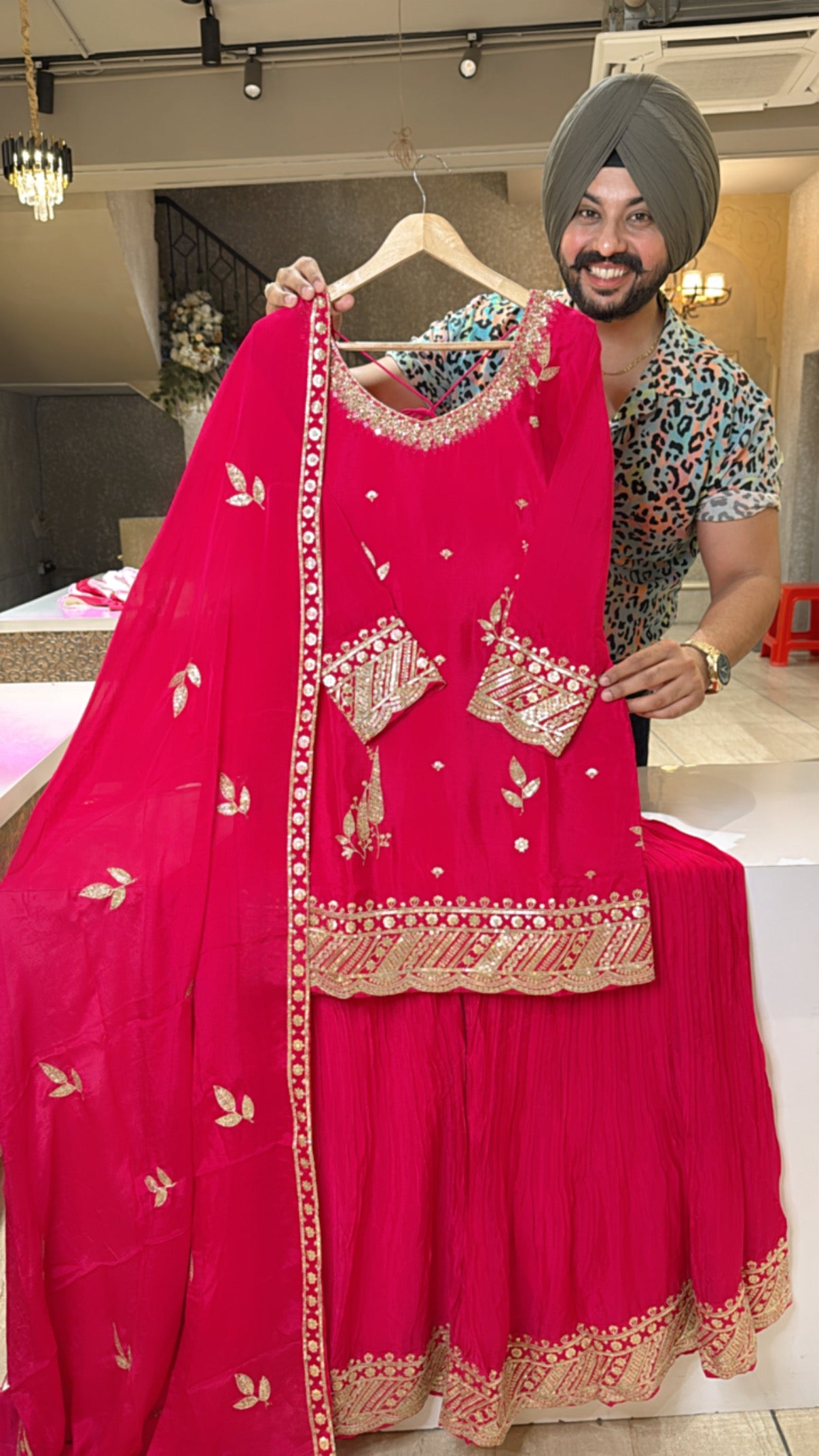 Rani pink Chinon Heavy Embroidered Girish Crush Sharara Suit with Beautiful Embroidered Duppata