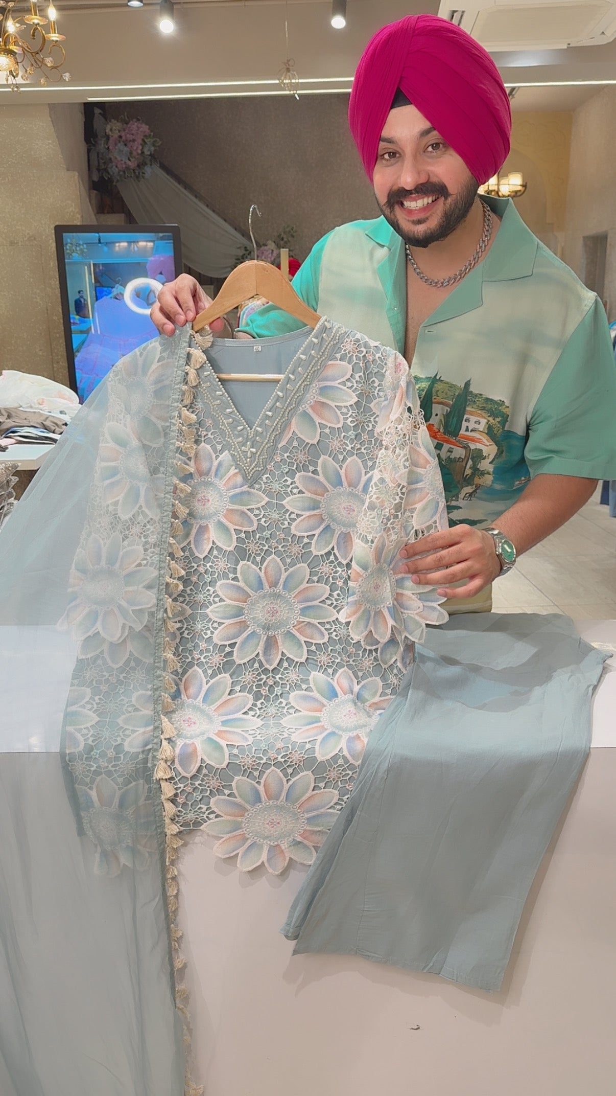 Powder Blue Designer Floral Crochet Lace Indo Western Suit with Pearl Hand work on Neck