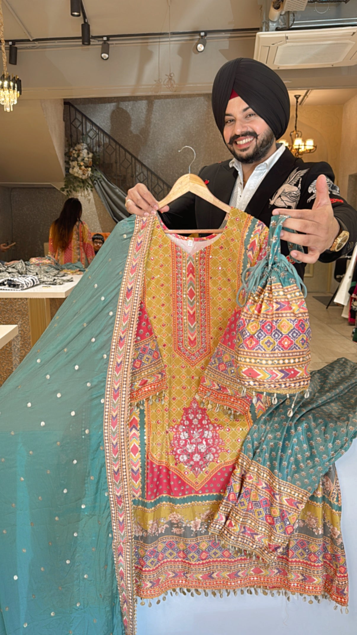 Yellow Velvet Heavy Swarovski & mirror pasting Pakistani Aline Suit with Cute Potli & chinon Heavy Duppata