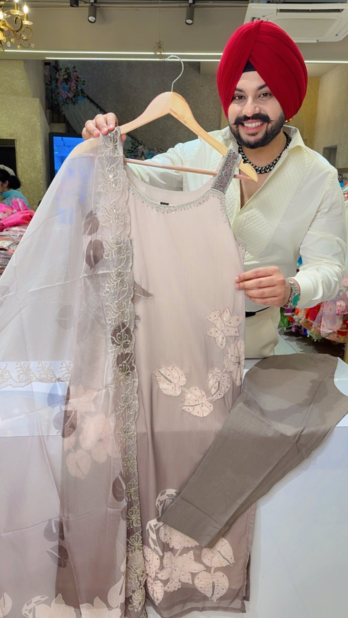 Nude Colour Premium Chiffon Girlish Hand embroidered Strap Cut Sleeves Suit with Soft Organza Duppata