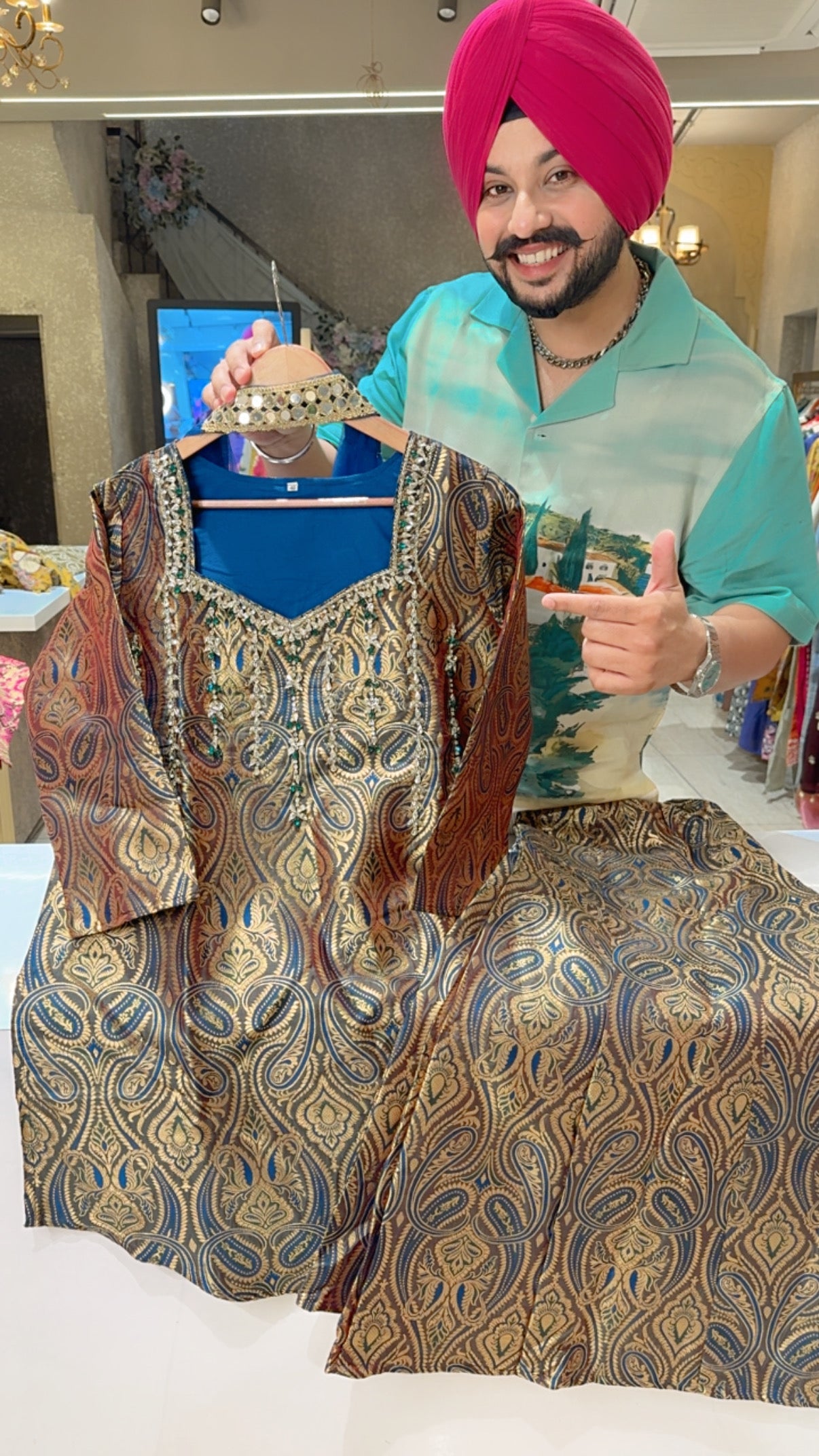 Blue Brocade Silk V-cut Bell Bottom Sharara Set with Stone Work on Neck & with Stylish Necklace Duppata