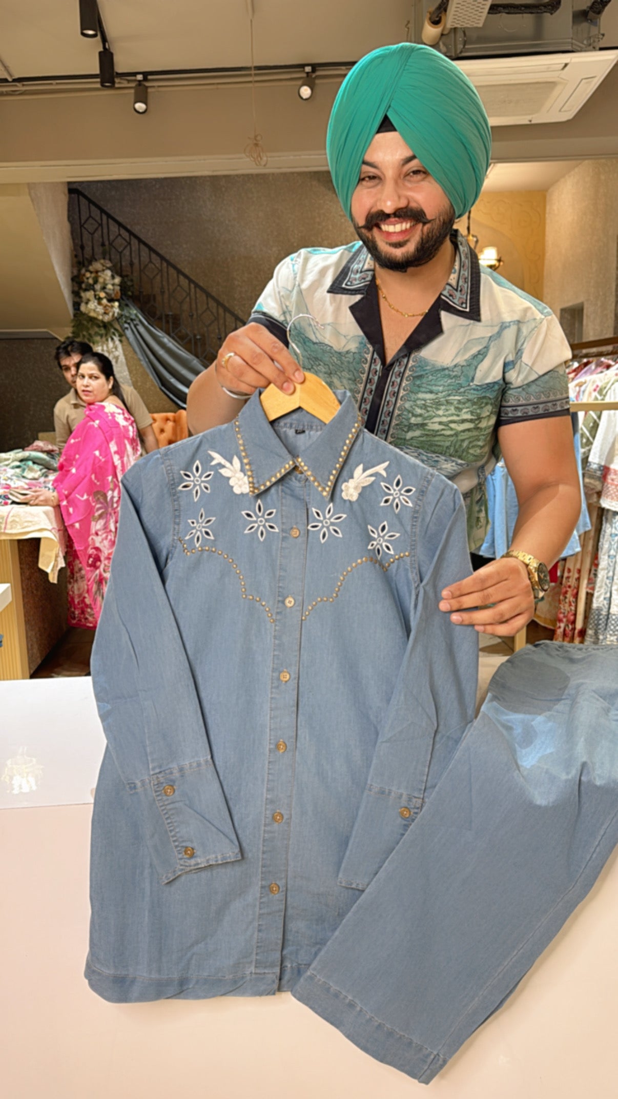 Light Blue soft Denim Collar neck Coord set with Beautiful Sequins & Embroidery work on it