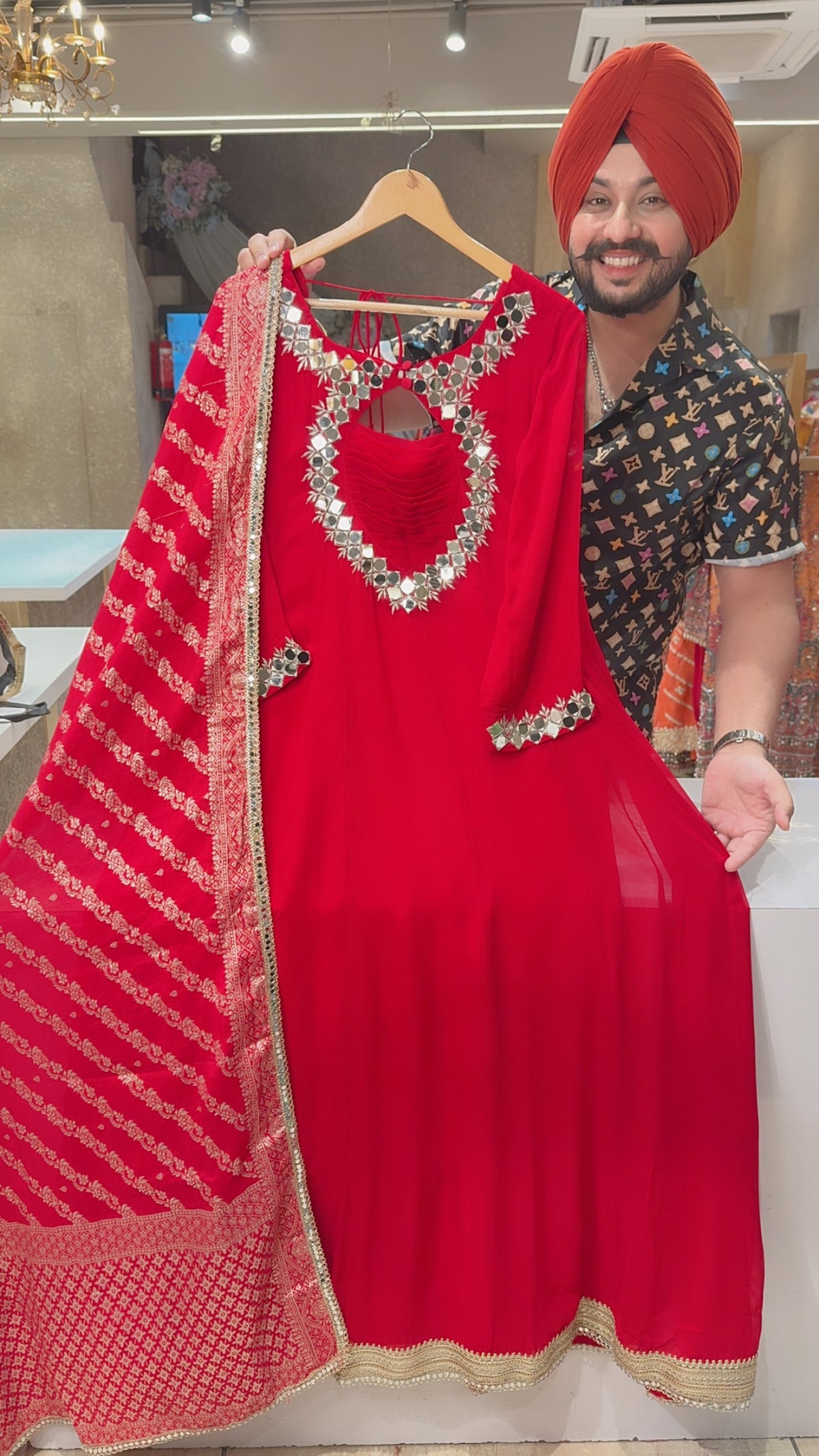 Red Georgette Mirror Work Designer Neck SemiBackless Anarkali suit with Banarasi Look Duppata