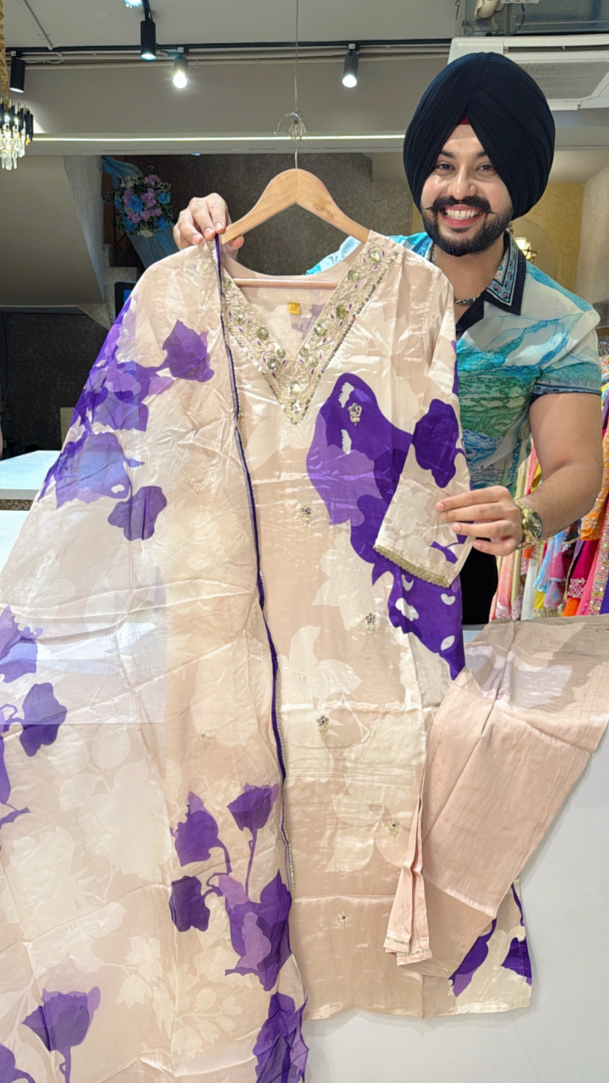 Nude Beige & Purple Viscose Crepe Hand embroidered Straight suit with Soft Organza Duppata