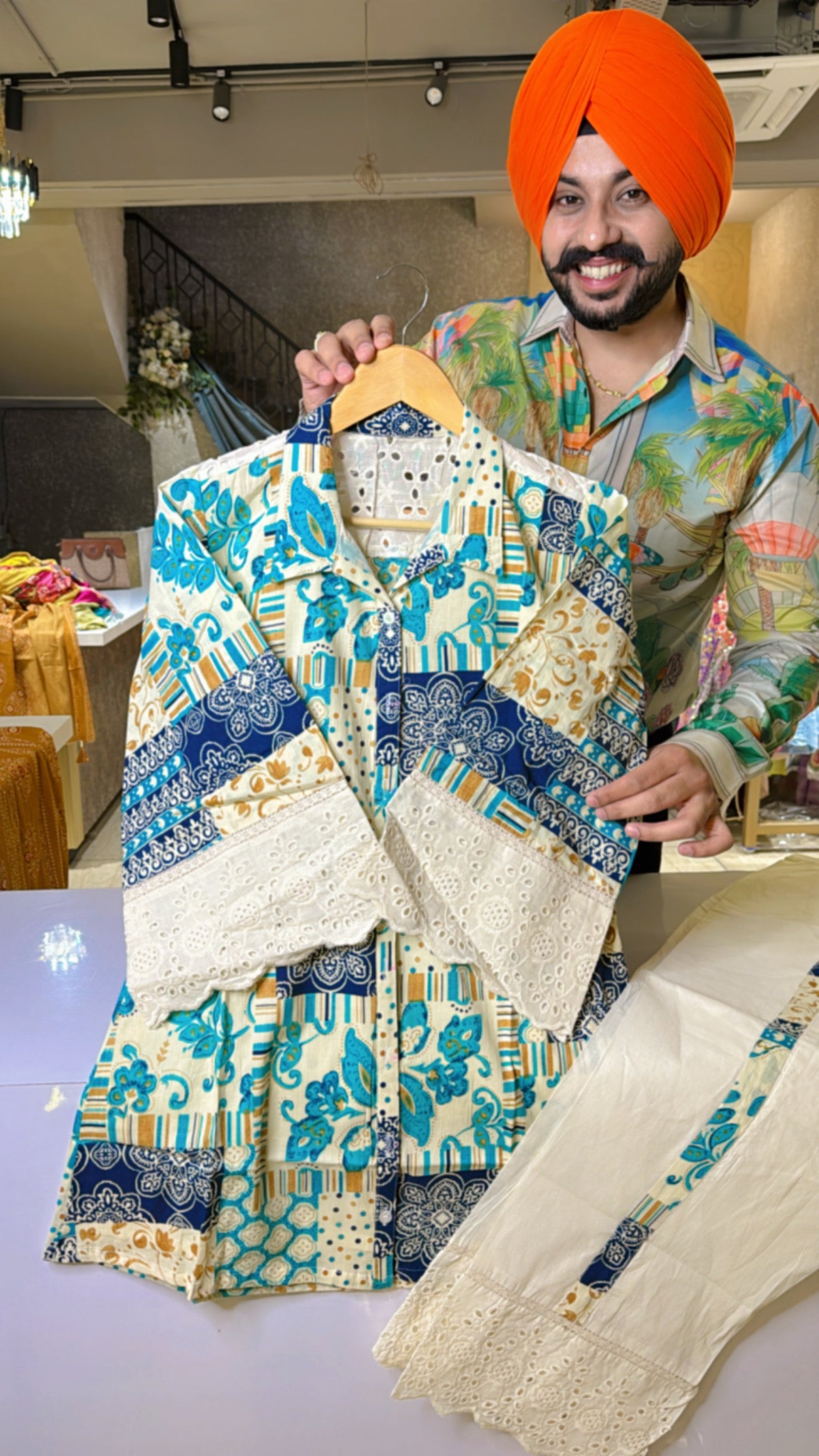 Off white & Blue Pure Cotton Collar Neck Office Wear Coord set with Beautiful Shifli Work