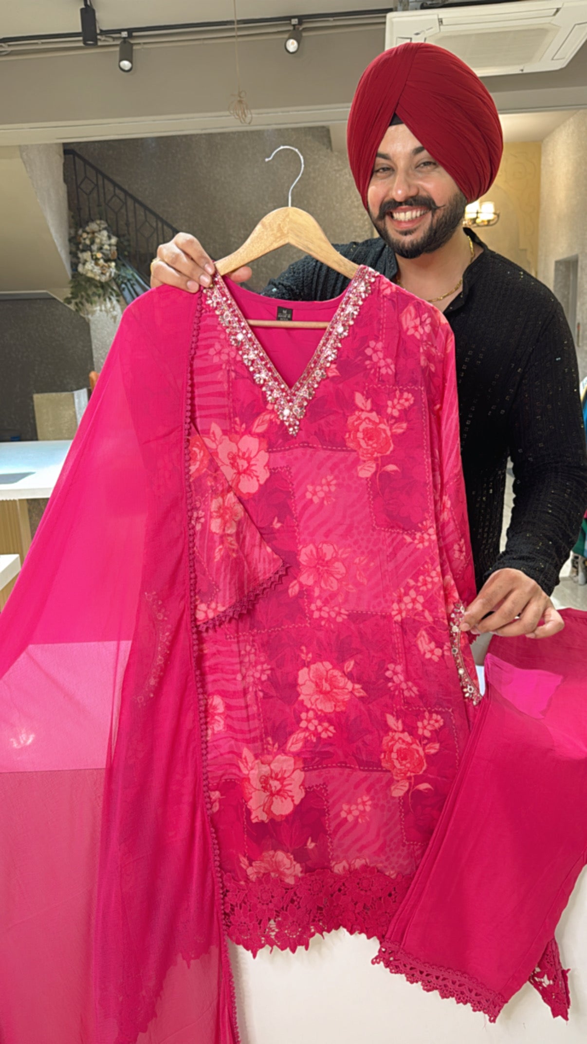 Rani pink Chinon Pakistani C-cut Indowestern Coord set with Hand embroidery work on neck & pocket