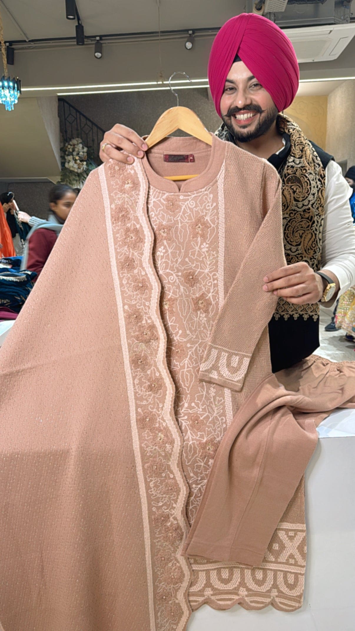 Nude Peach Premium Nitting Woolen Straight Suit with heavy embroidered Woolen Duppata