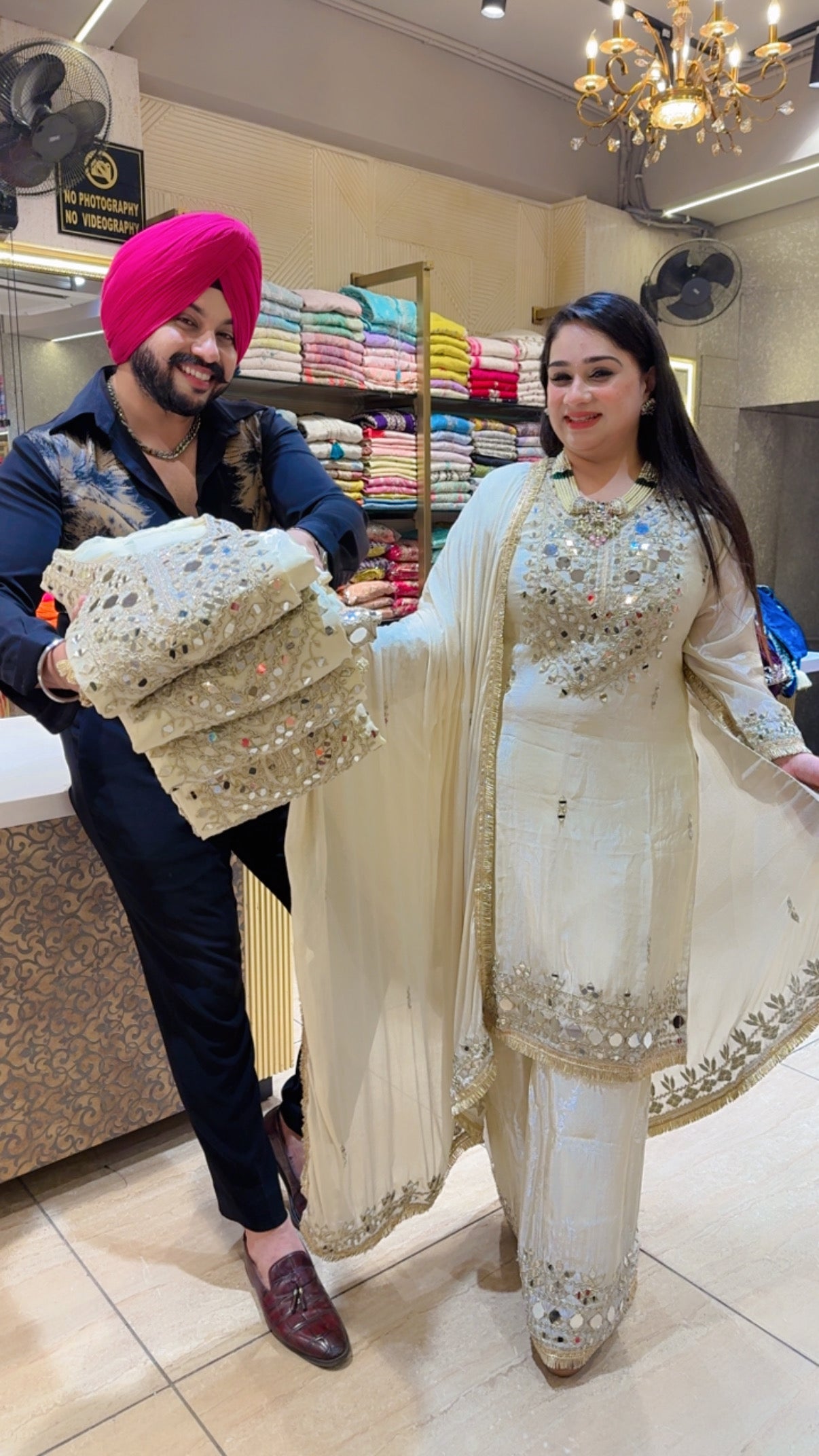 Ivory Colour Shimmer Silk Heavy Embroidered & Mirror work Straight Suit with Heavy Plazo & Duppata