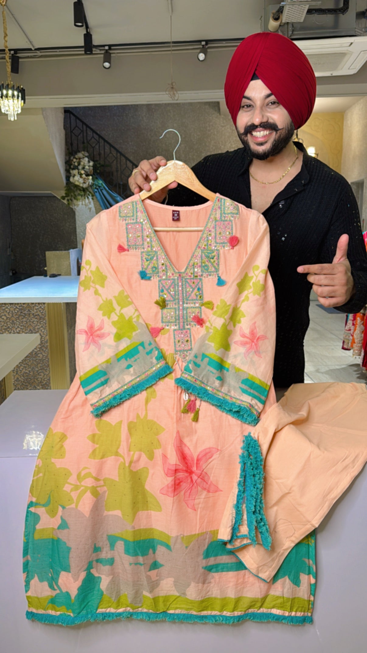 Peach Mal Cotton Embroidered Pakistani Coord set with Side Slit Pants