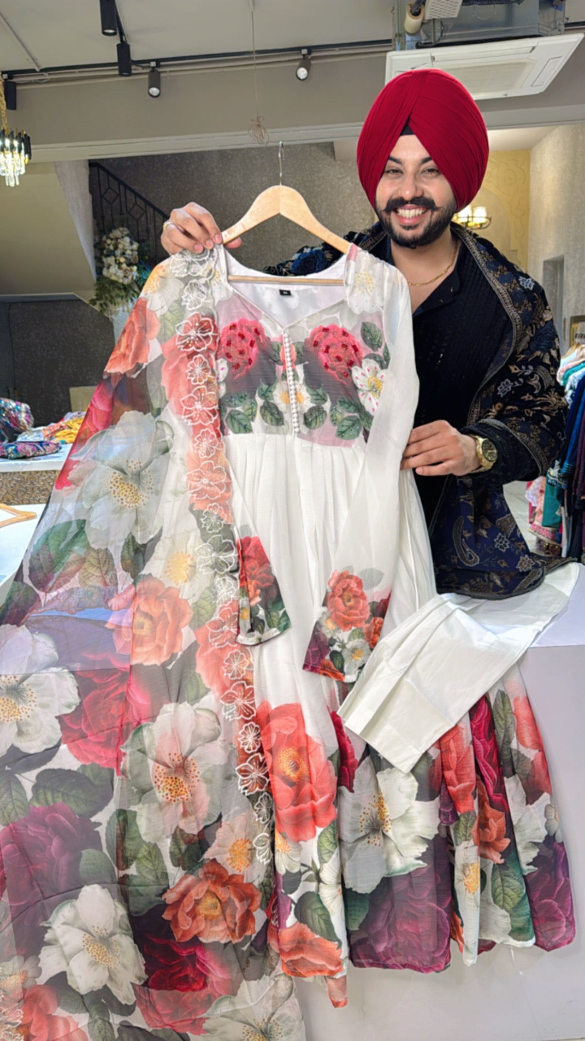 Moon White Chiffon Floral print Full Flair Anarkali Suit with Hand Embroidery work on neck & Organza Duppata