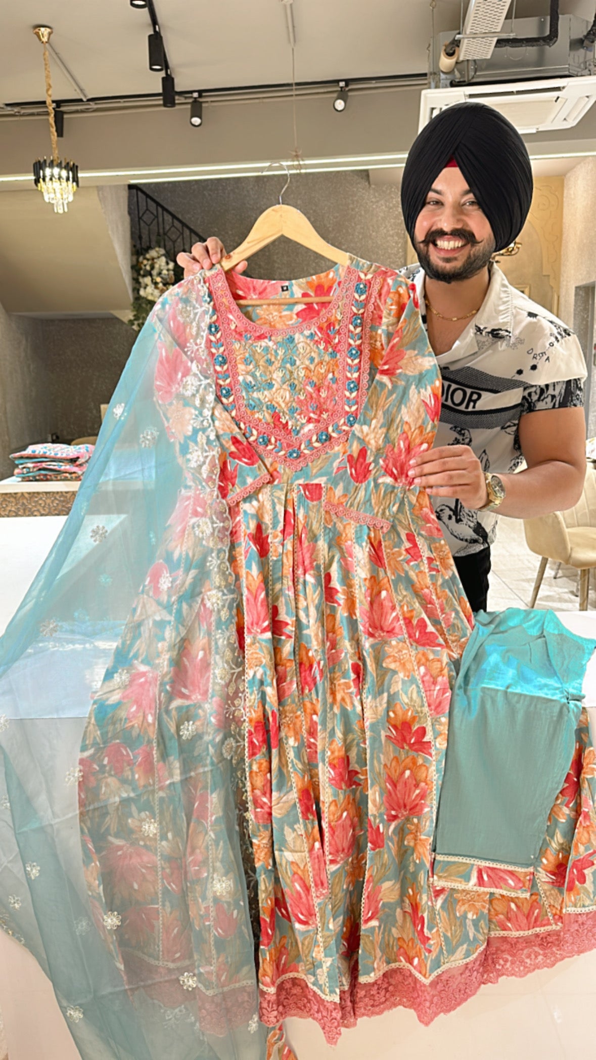 Light blue Pure cotton Full Flair Anarkali suit with Beautiful handwork on neck