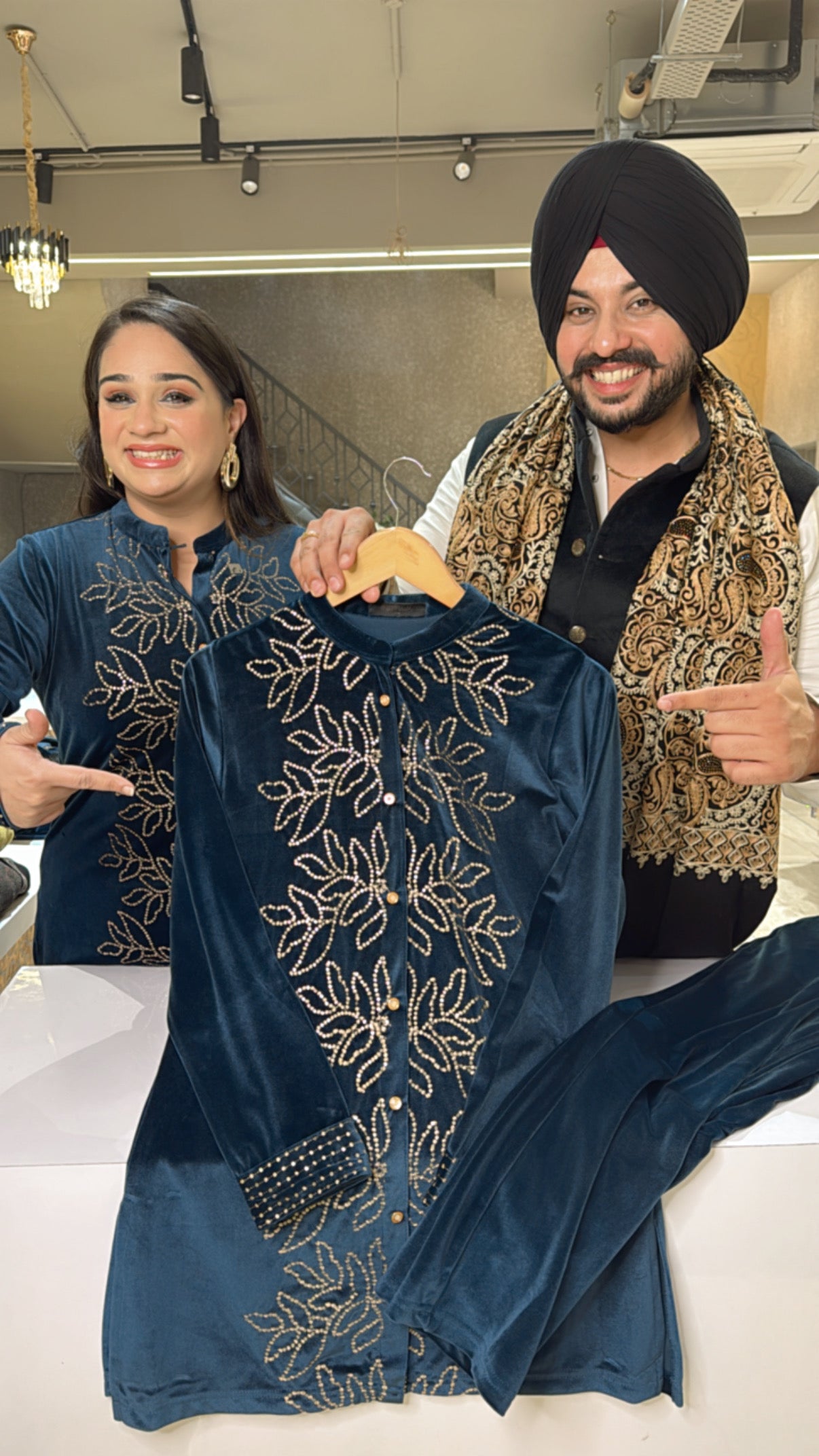 Teel Blue Premium Strechable Velvet Heavy embroidered Coord set