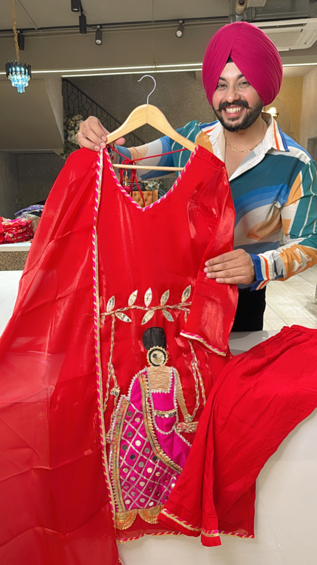 Red doll Embroidered Glass Shimmer Tissue Straight Suit
