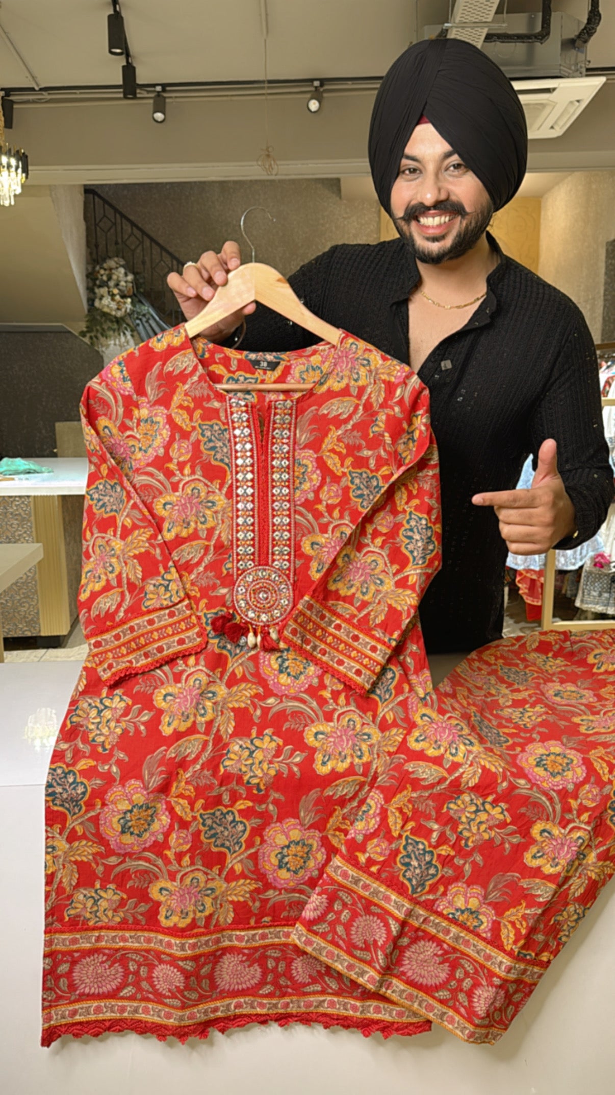 Red Pure Cotton Office Wear Plazo Coord set with Beautiful Embroidery work on neck