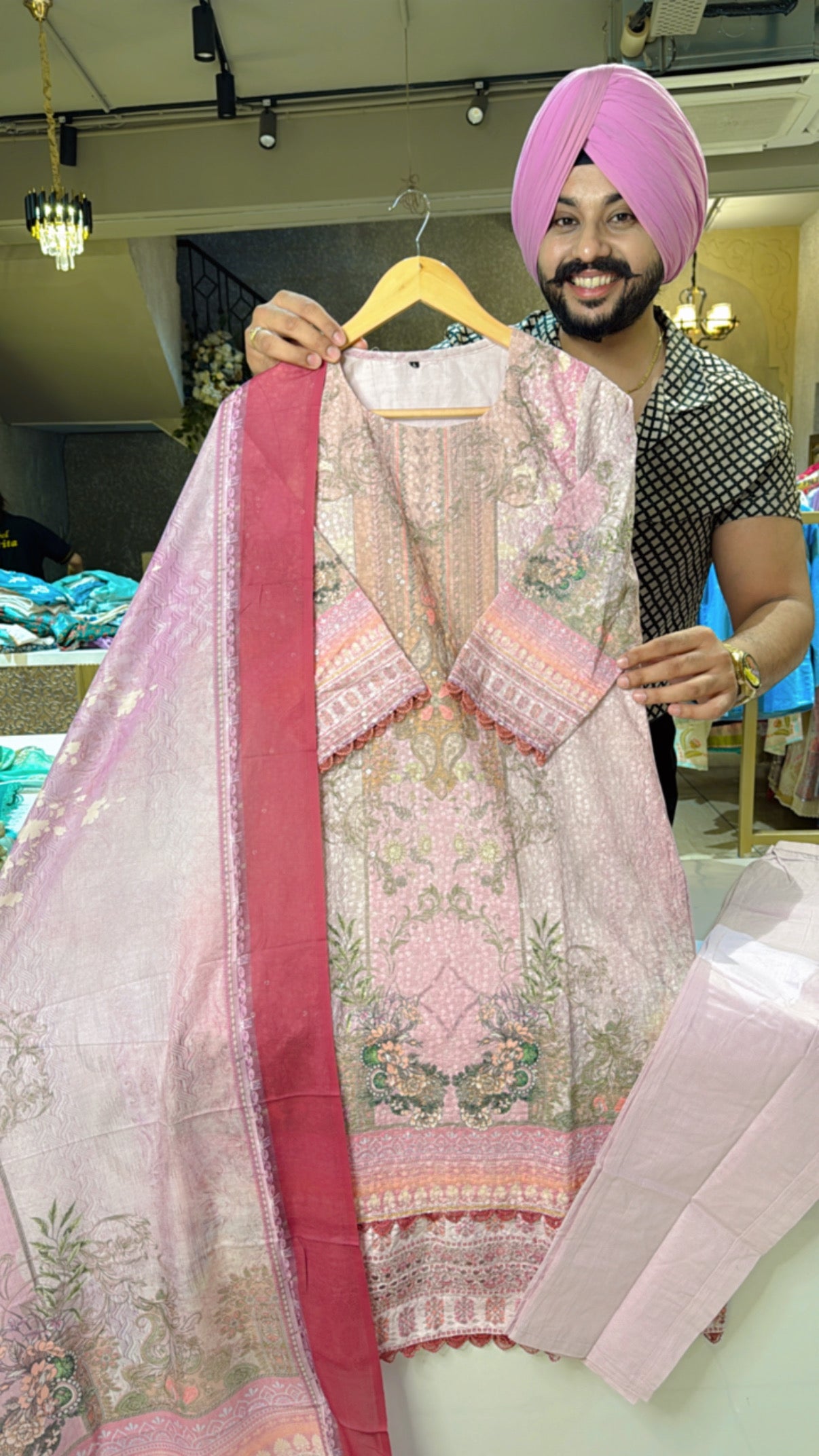 Onion Pink Cotton Self embroidery & Sequins Work straight Suit with Beautiful Dupatta