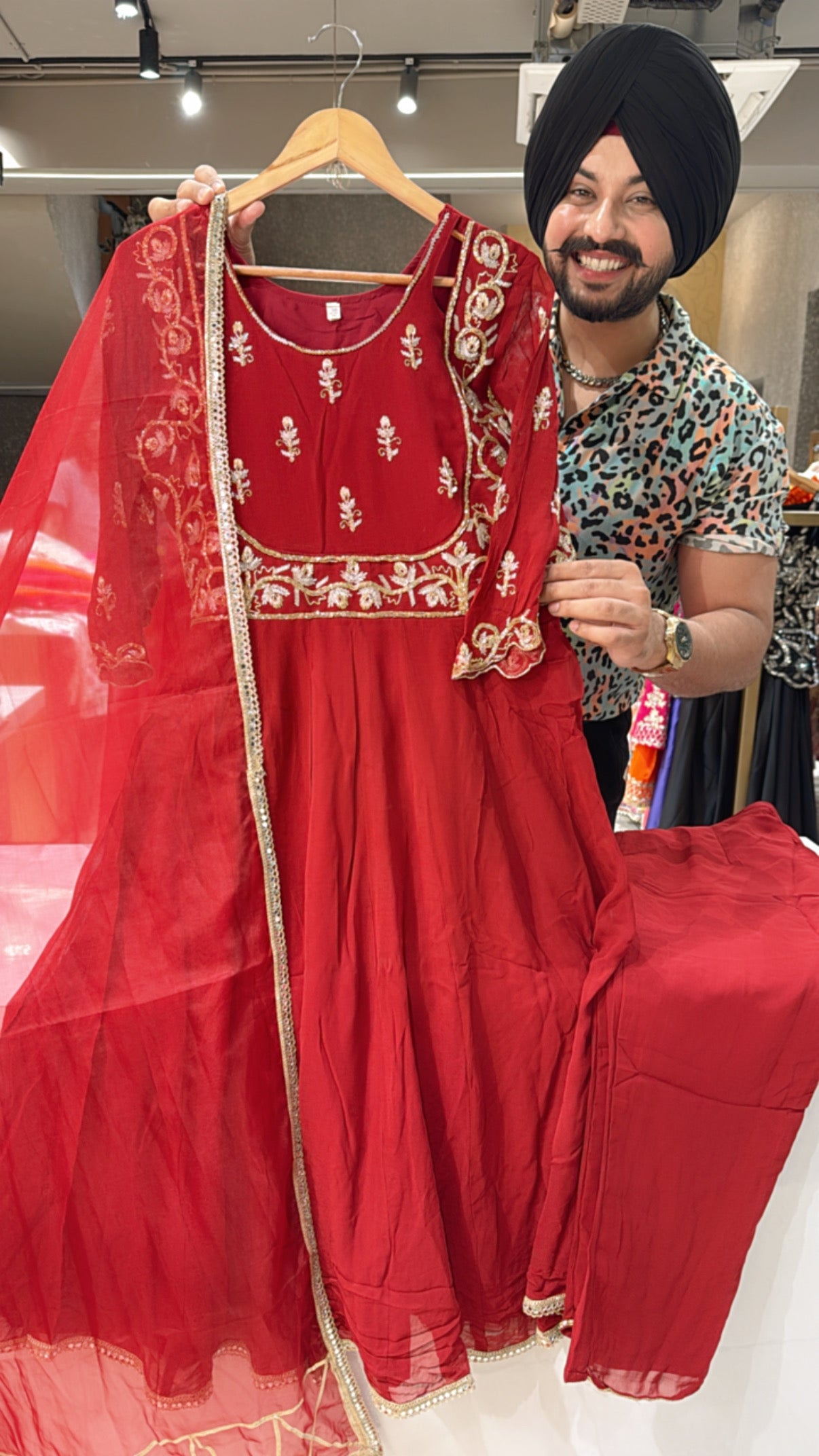 Reddish Maroon Georgette Heavy Hand Embroidered Partywear Anarkali suit with Designer Neck & Organza Duppata