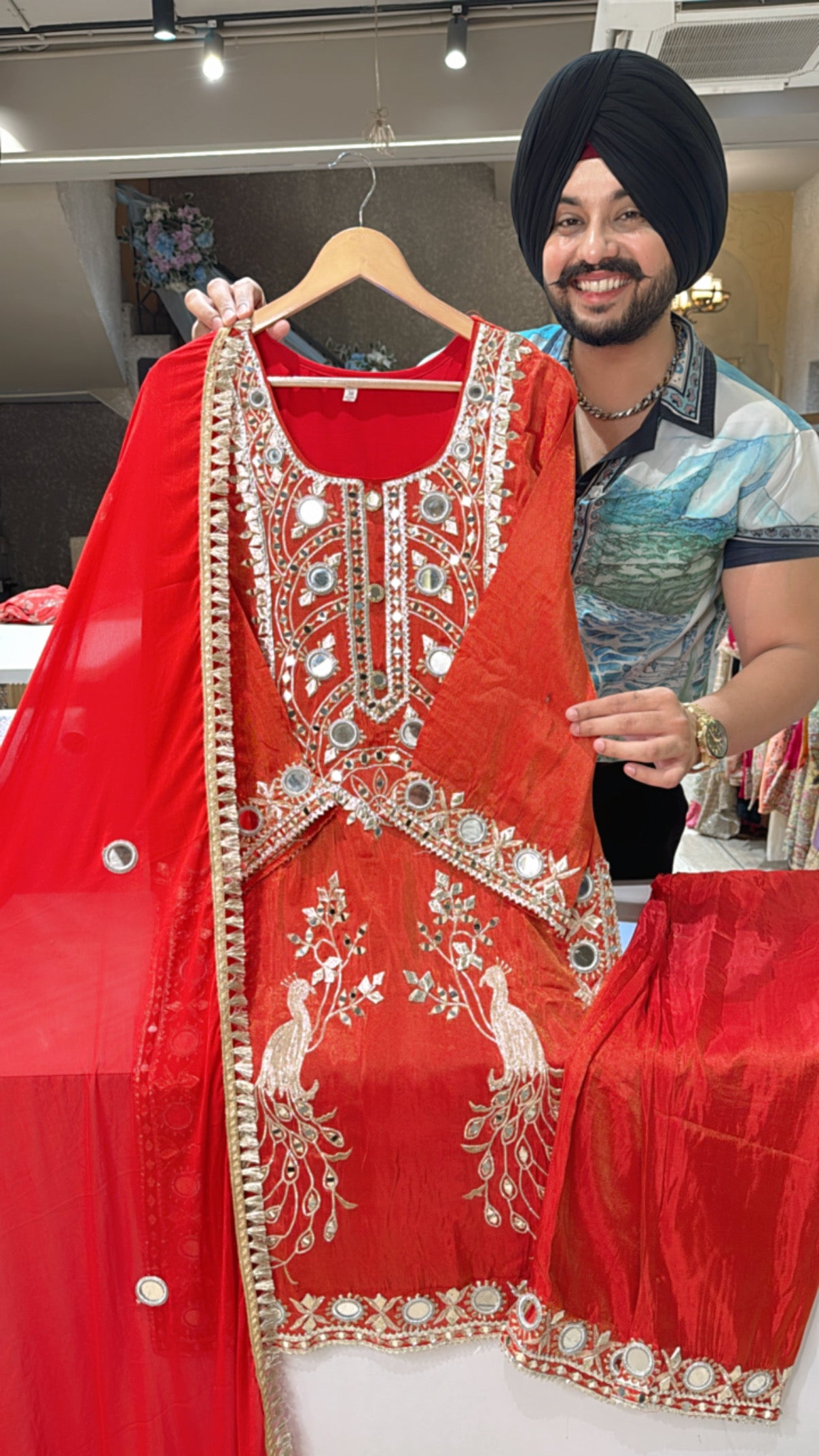 Reddish Orange Shimmer Organza Heavy Gota Peacock & Mirror Embroidered Kashmiri Suit