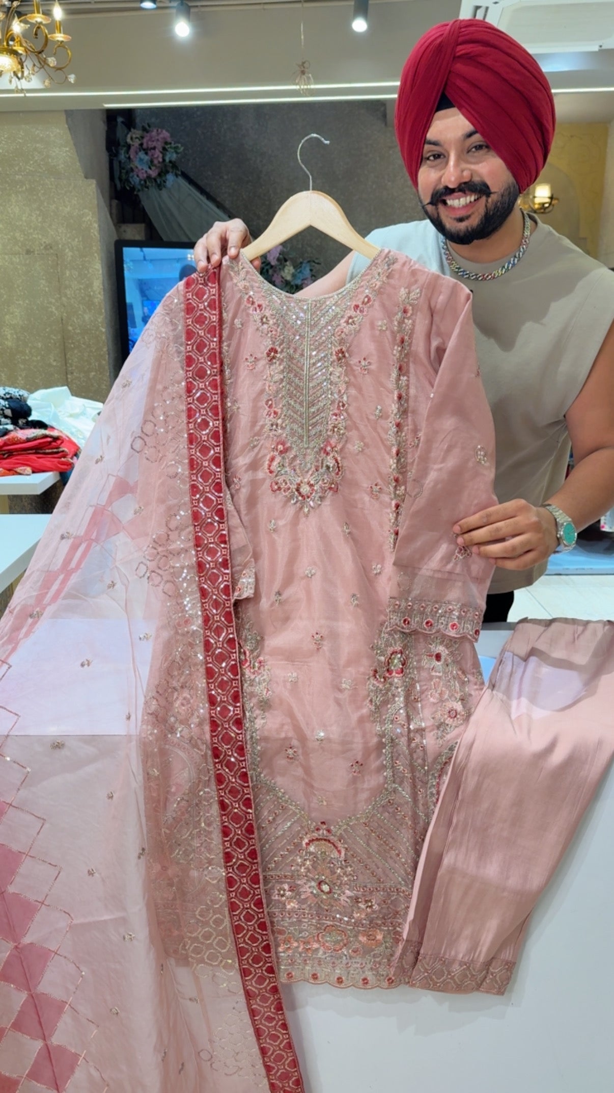 Peachish Pink Organza Fully Embroidered Party Wear suits with Beautiful heavy Duppata